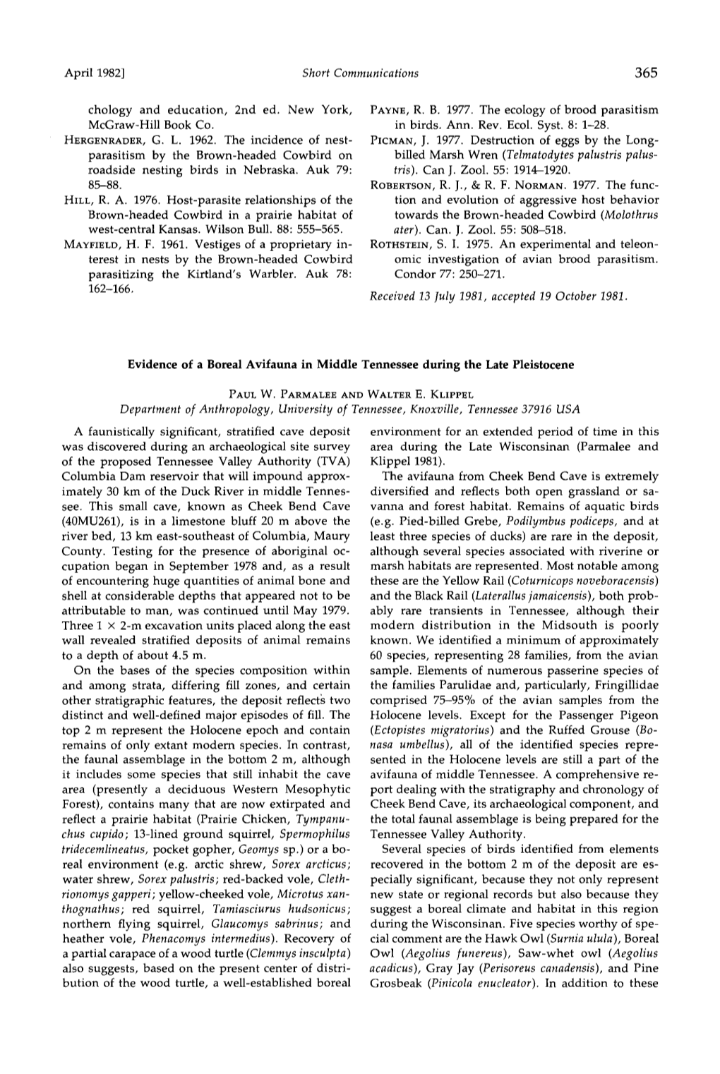 Evidence of a Boreal Avifauna in Middle Tennessee During the Late Pleistocene