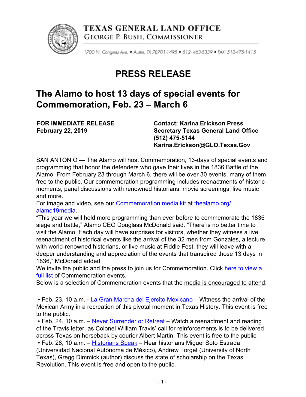 PRESS RELEASE the Alamo to Host 13 Days of Special Events for Commemoration, Feb. 23 – March 6