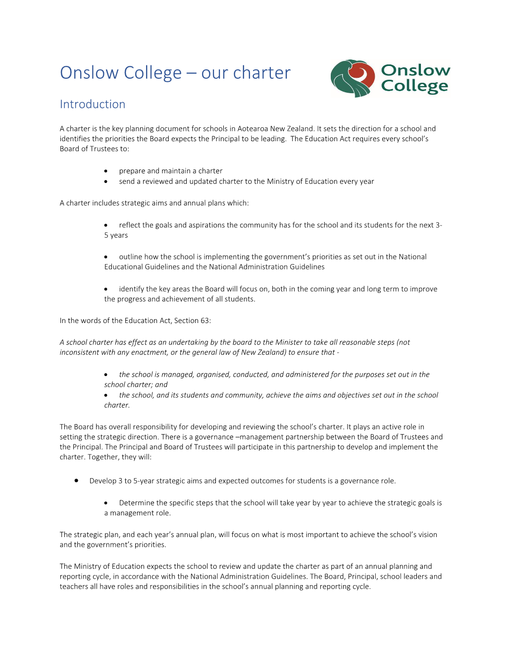 Onslow College Charter & Strategic Plan