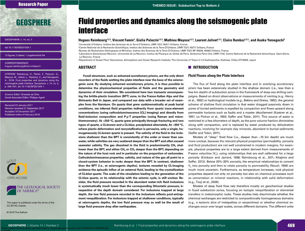 Fluid Properties and Dynamics Along the Seismogenic Plate Interface GEOSPHERE; V