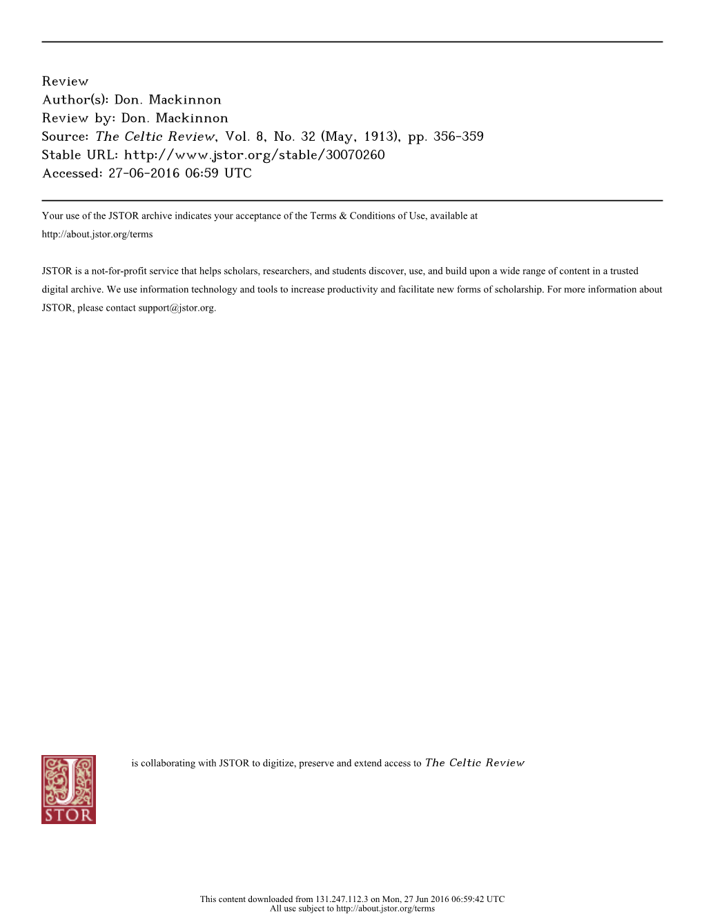 Don. Mackinnon Source: the Celtic Review, Vol. 8, No. 32 (May, 1913), Pp