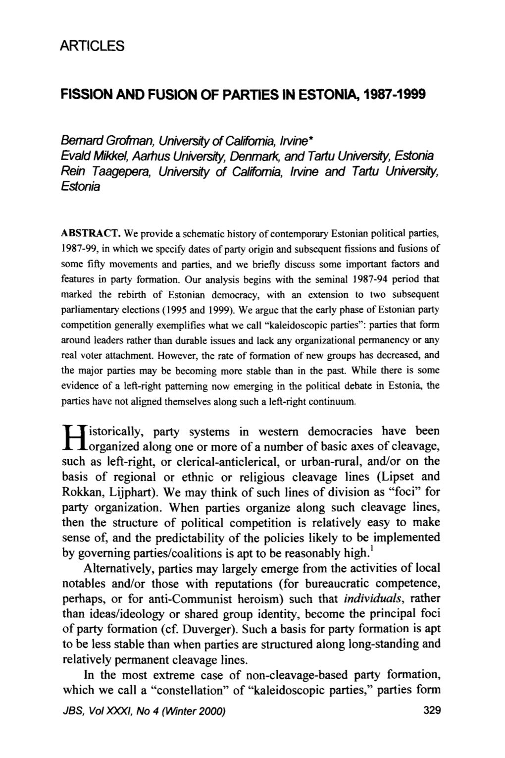 Articles Fission and Fusion of Parties in Estonia, 1987-1999