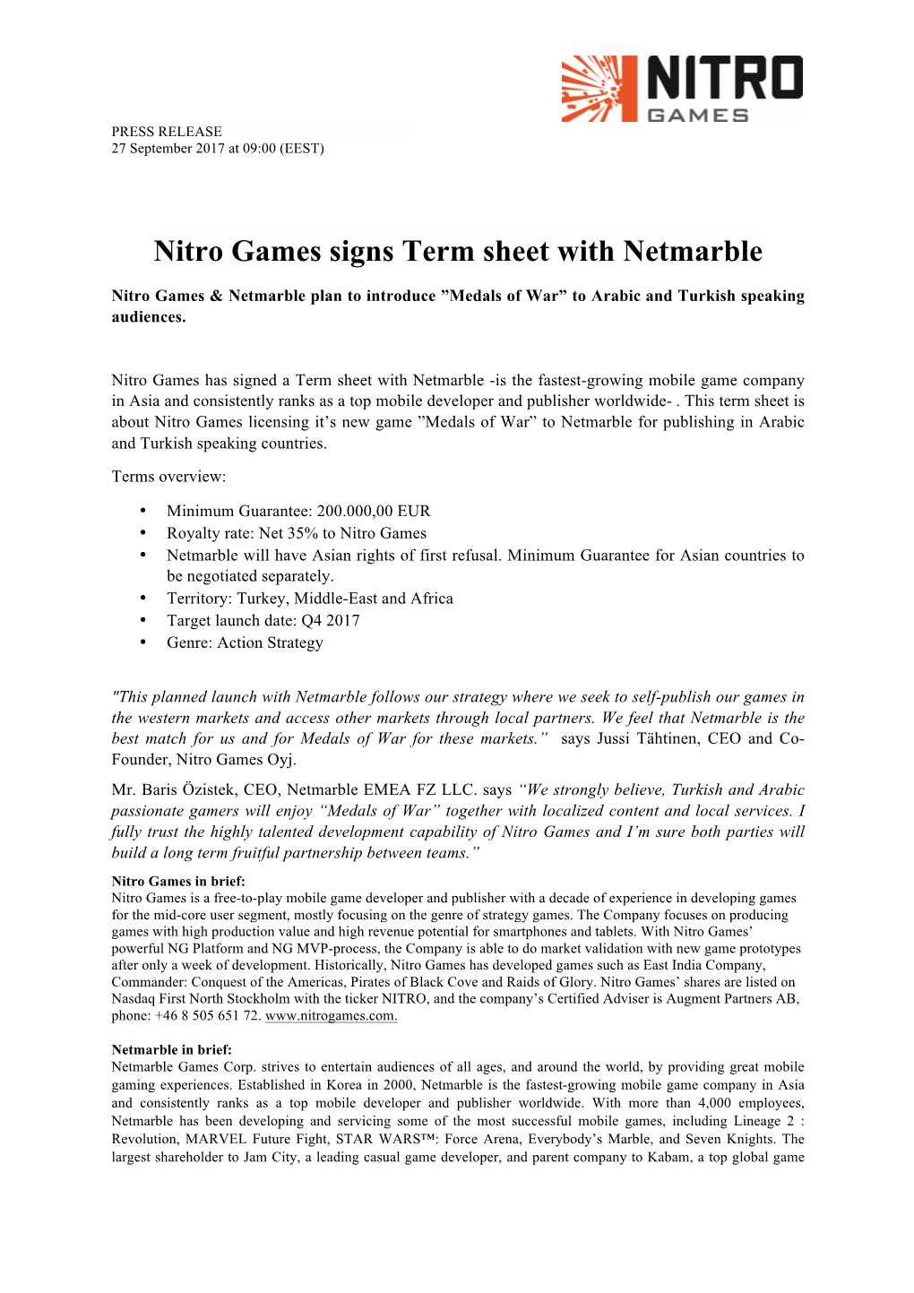 Nitro Games Signs Term Sheet with Netmarble