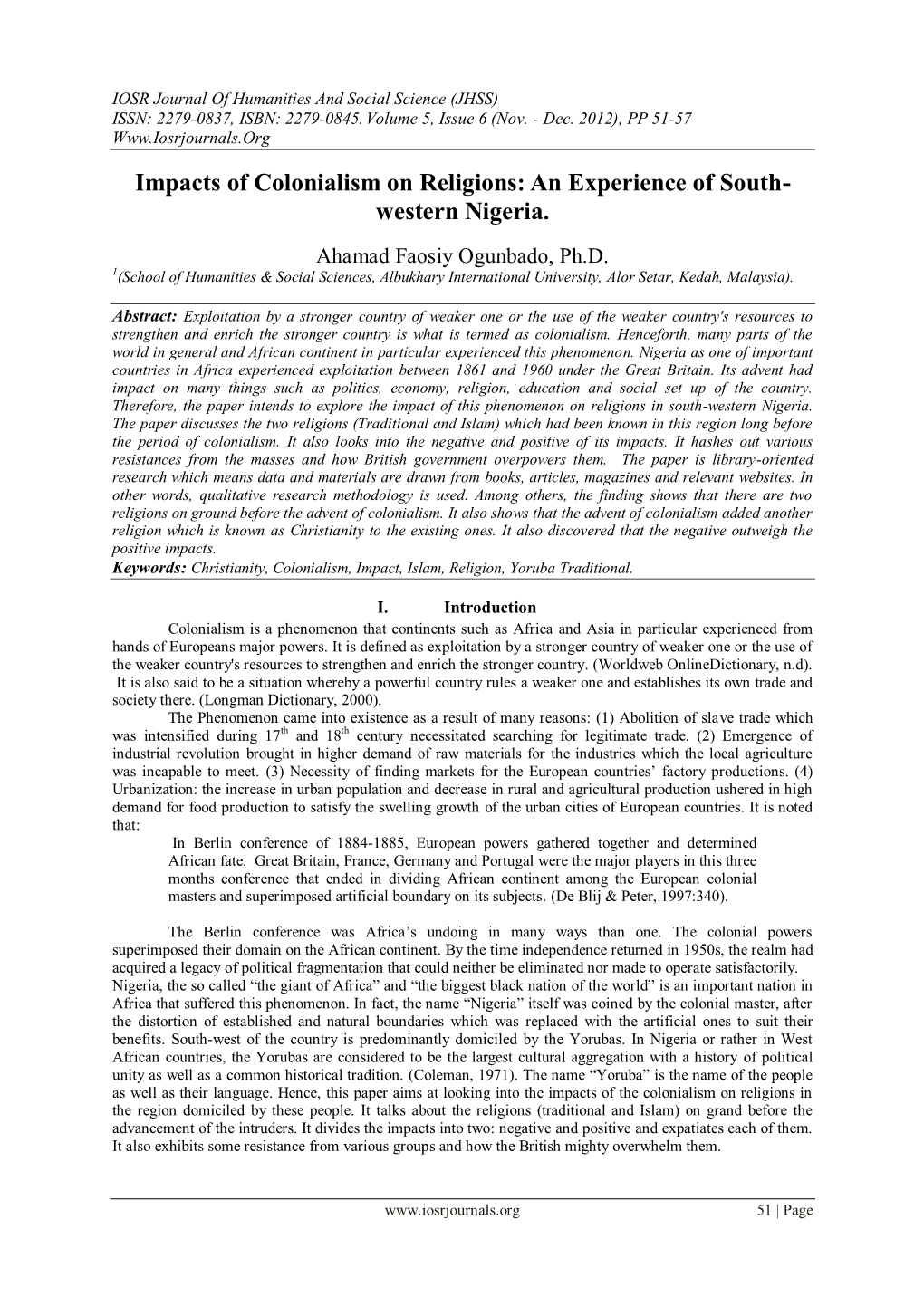 Impacts of Colonialism on Religions: an Experience of South- Western Nigeria