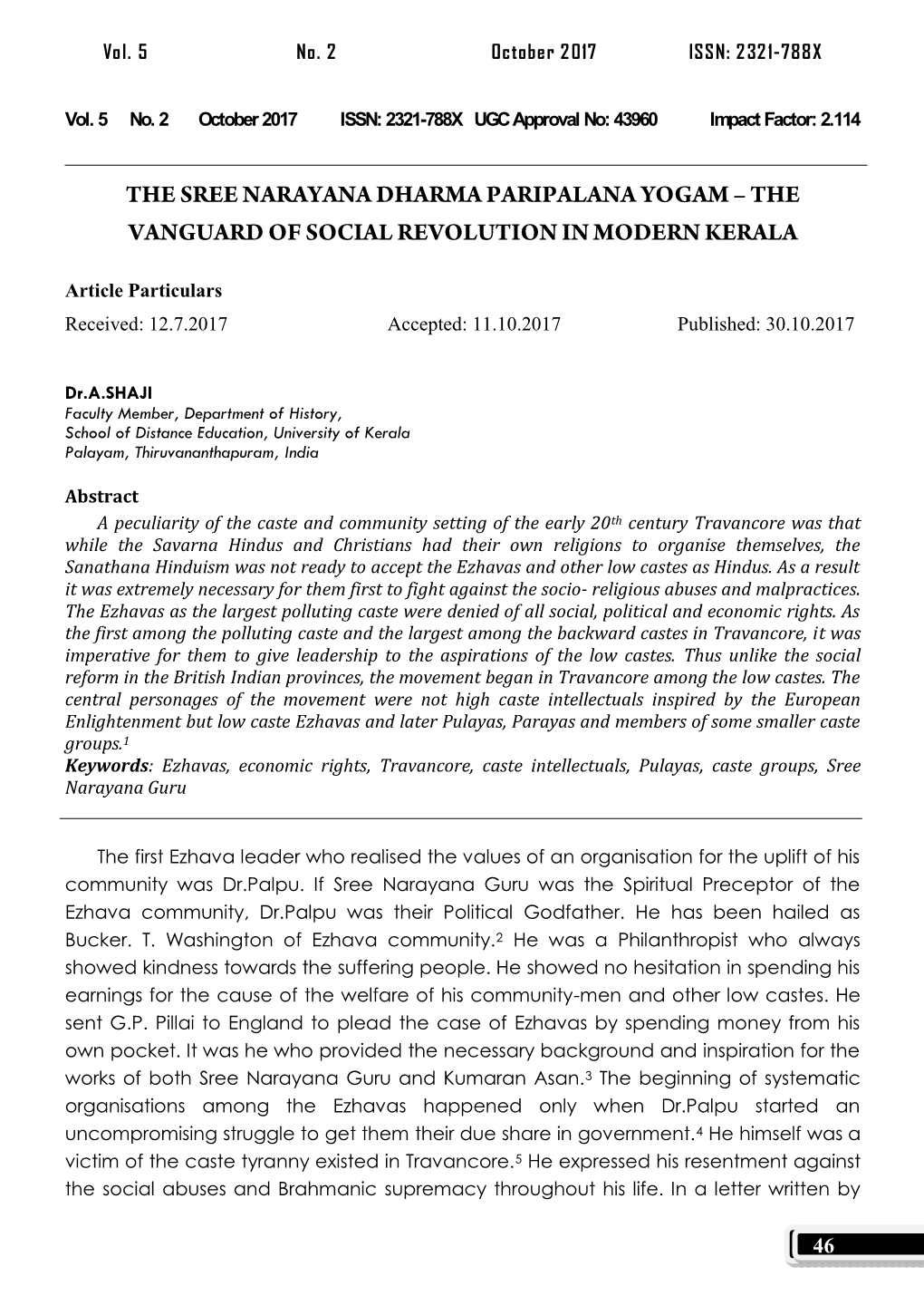 The Sree Narayana Dharma Paripalana Yogam – the Vanguard of Social Revolution in Modern Kerala