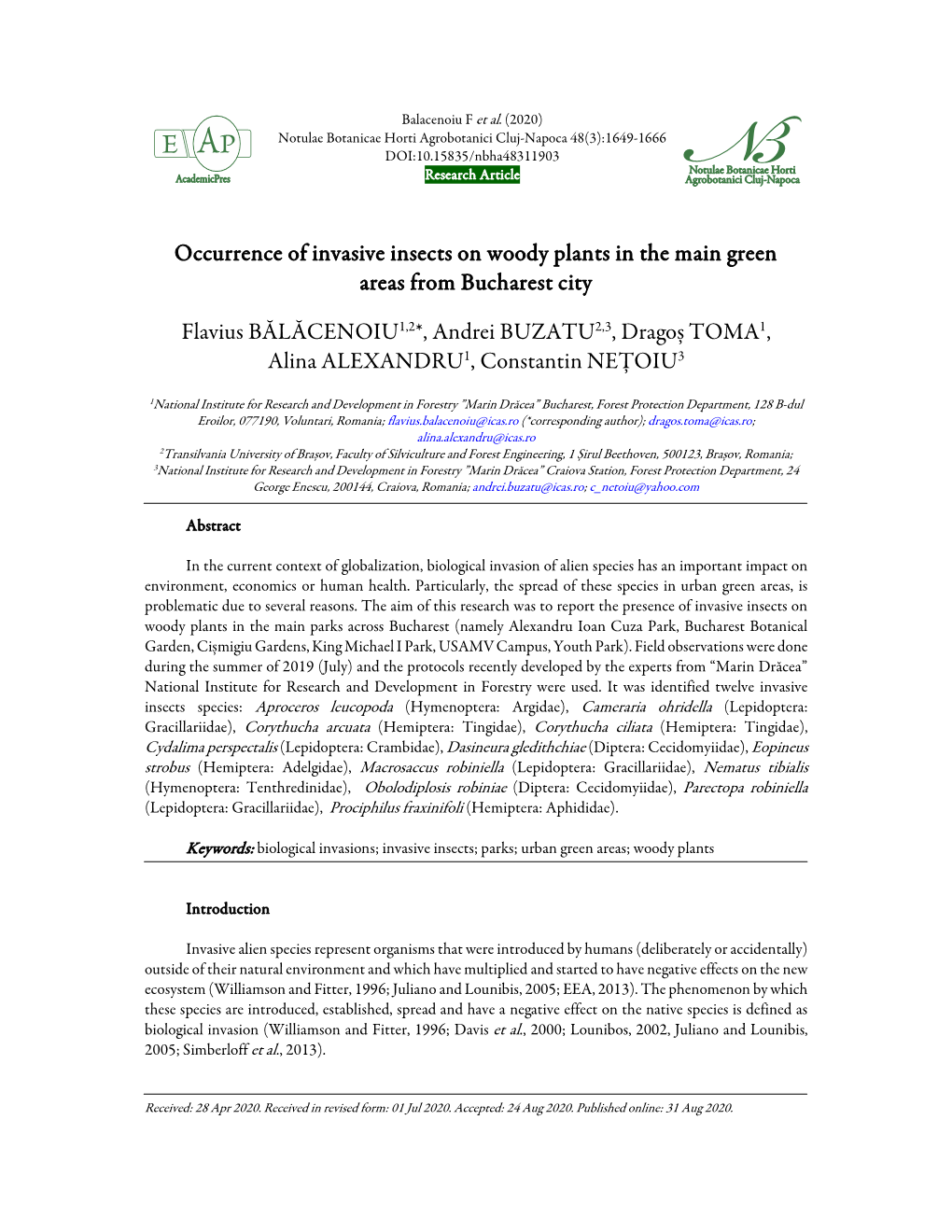 Occurrence of Invasive Insects on Woody Plants in the Main Green Areas from Bucharest City