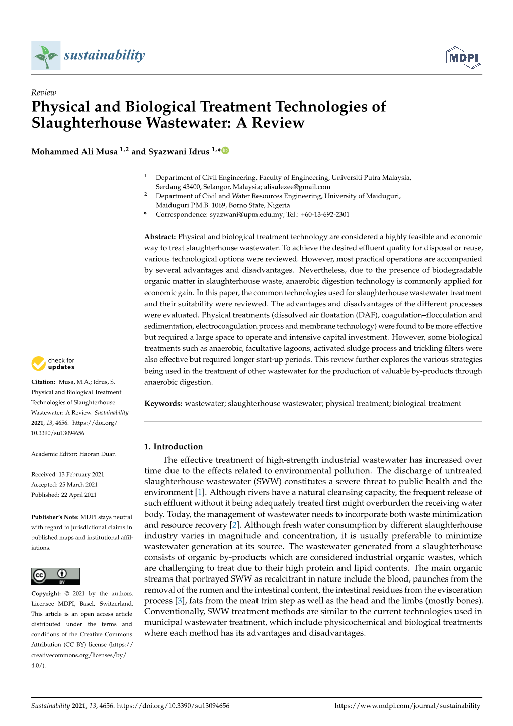 Physical and Biological Treatment Technologies of Slaughterhouse Wastewater: a Review