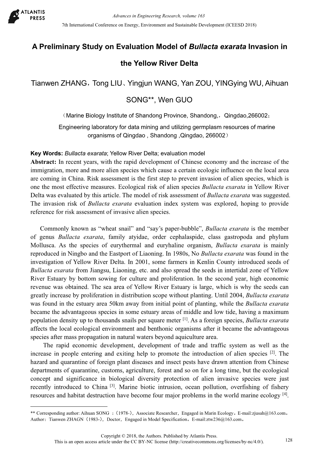 A Preliminary Study on Evaluation Model of Bullacta Exarata Invasion In