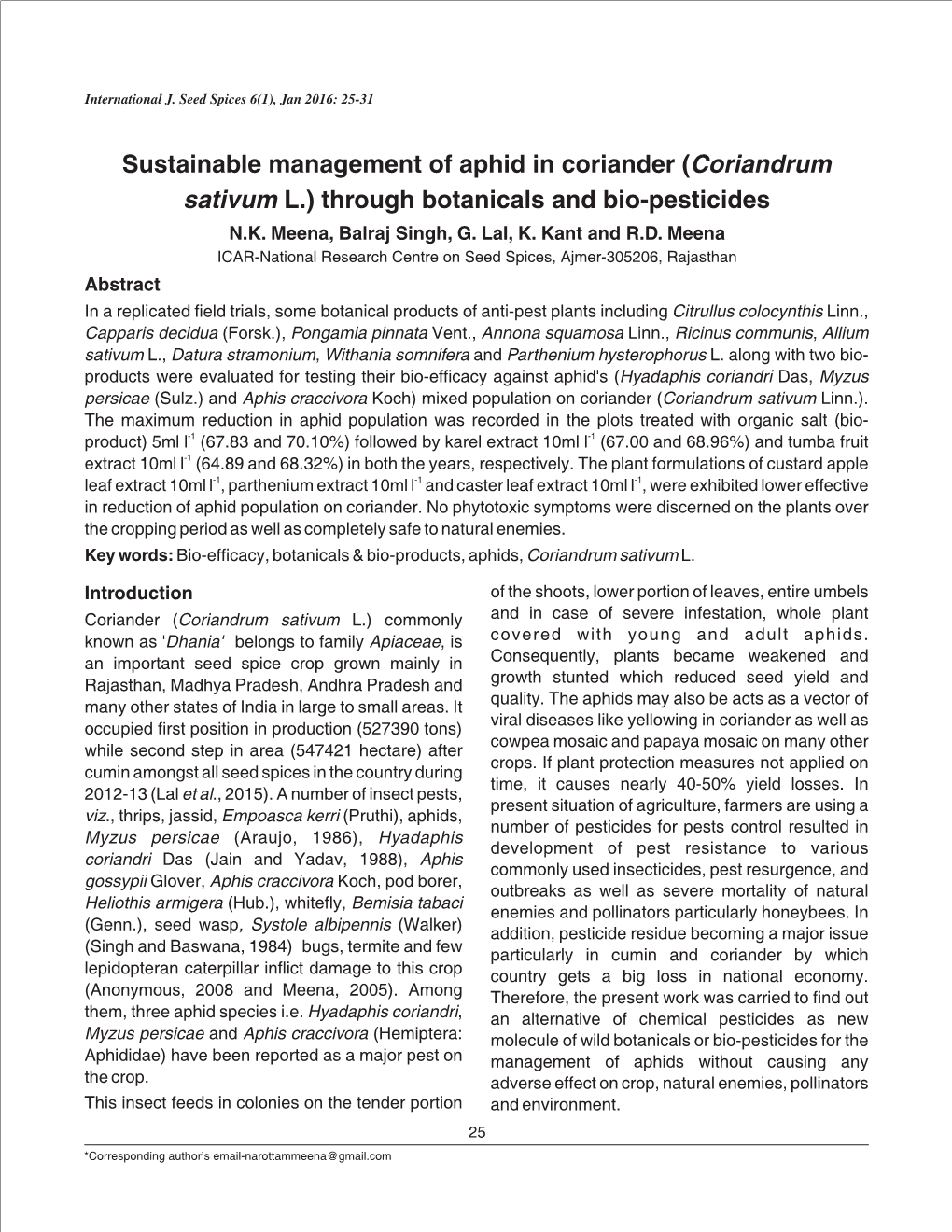 Coriandrum Sativum L.) Through Botanicals and Bio-Pesticides N.K