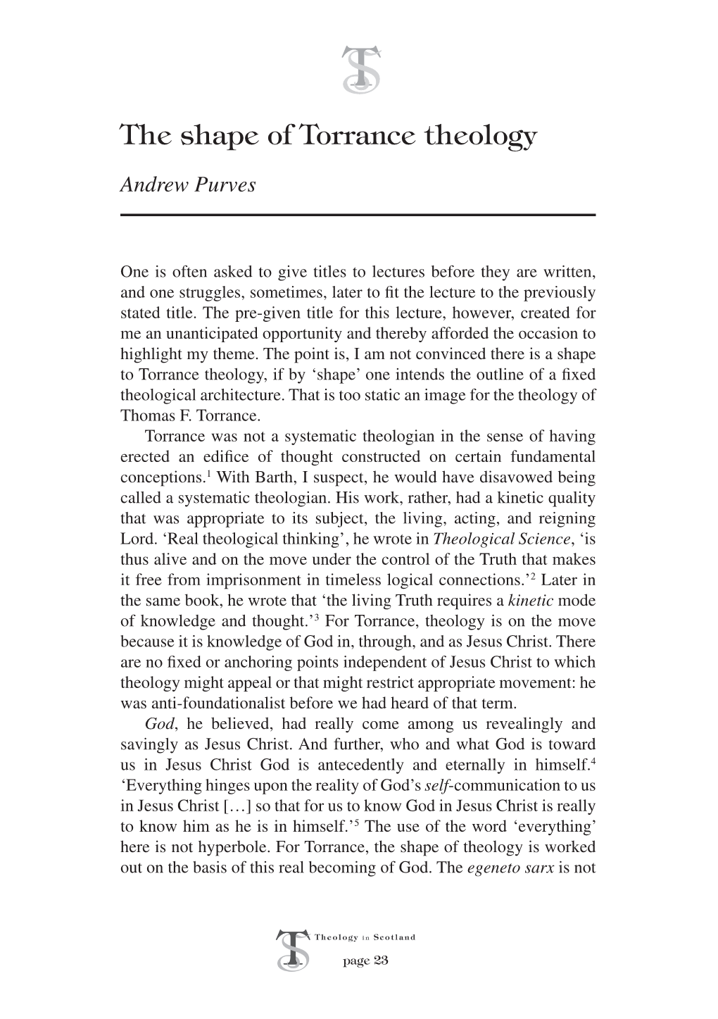 The Shape of Torrance Theology Andrew Purves