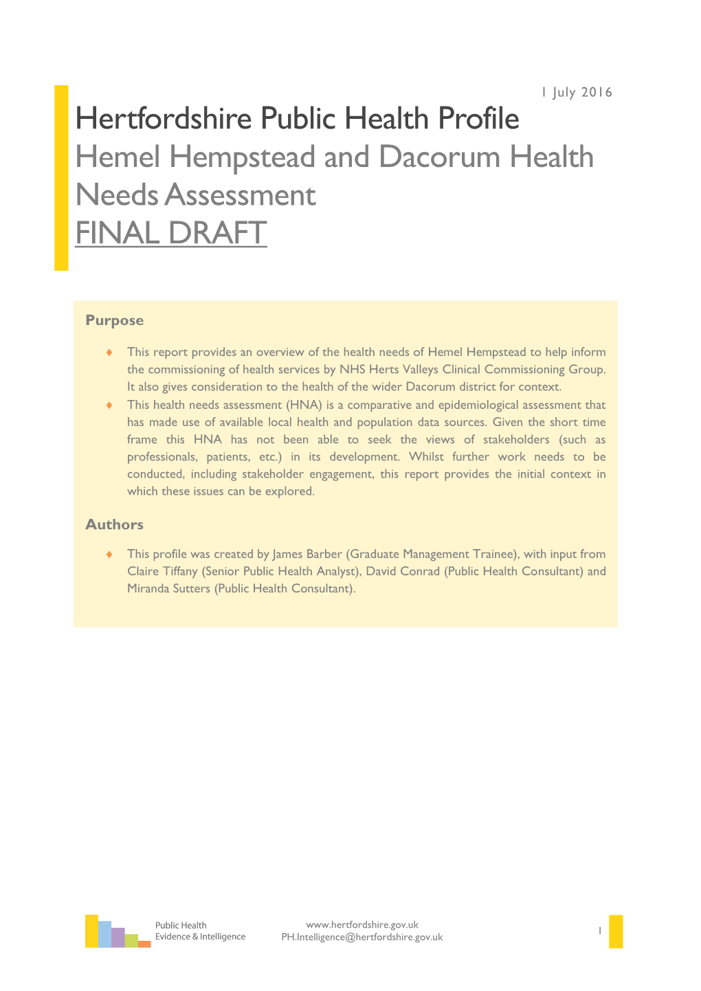 Hertfordshire Public Health Profile Hemel Hempstead and Dacorum Health Needs Assessment FINAL DRAFT