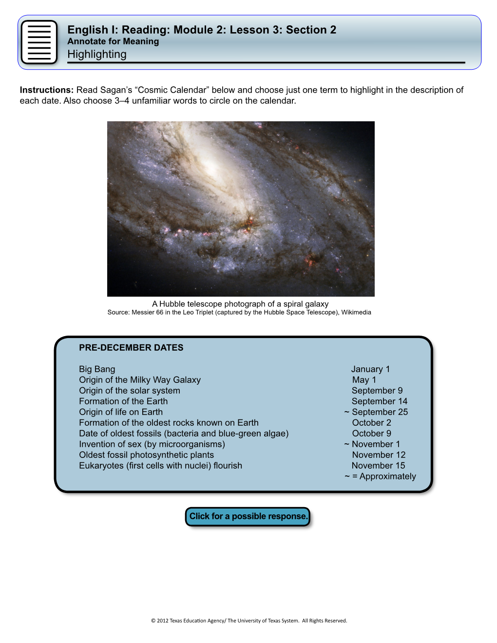 Carl Sagan's “Cosmic Calendar”