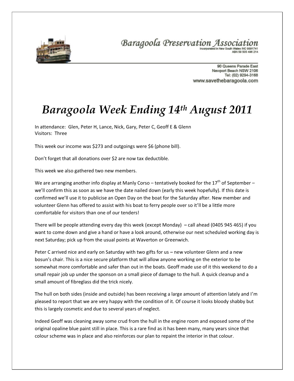 Baragoola Week Ending 14Th August 2011