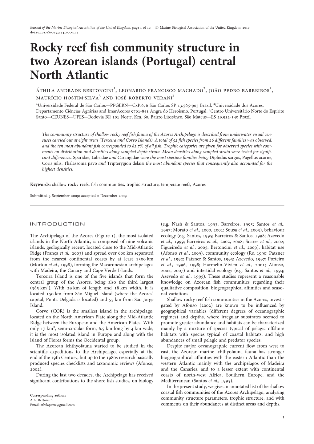 Rocky Reef Fish Community Structure in Two Azorean Islands (Portugal)