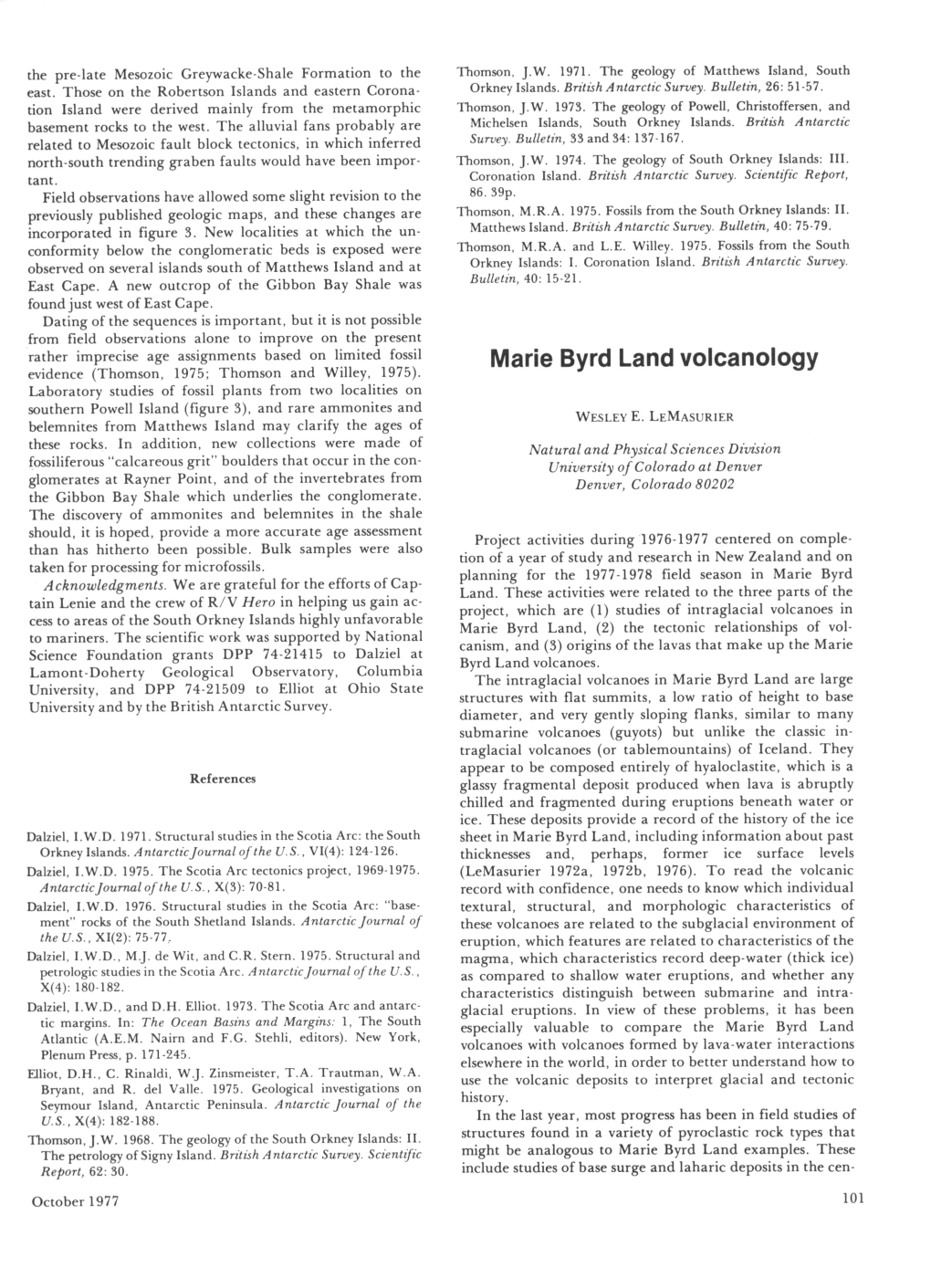 Marie Byrd Land Volcanology Evidence (Thomson, 1975; Thomson and Willey, 1975)