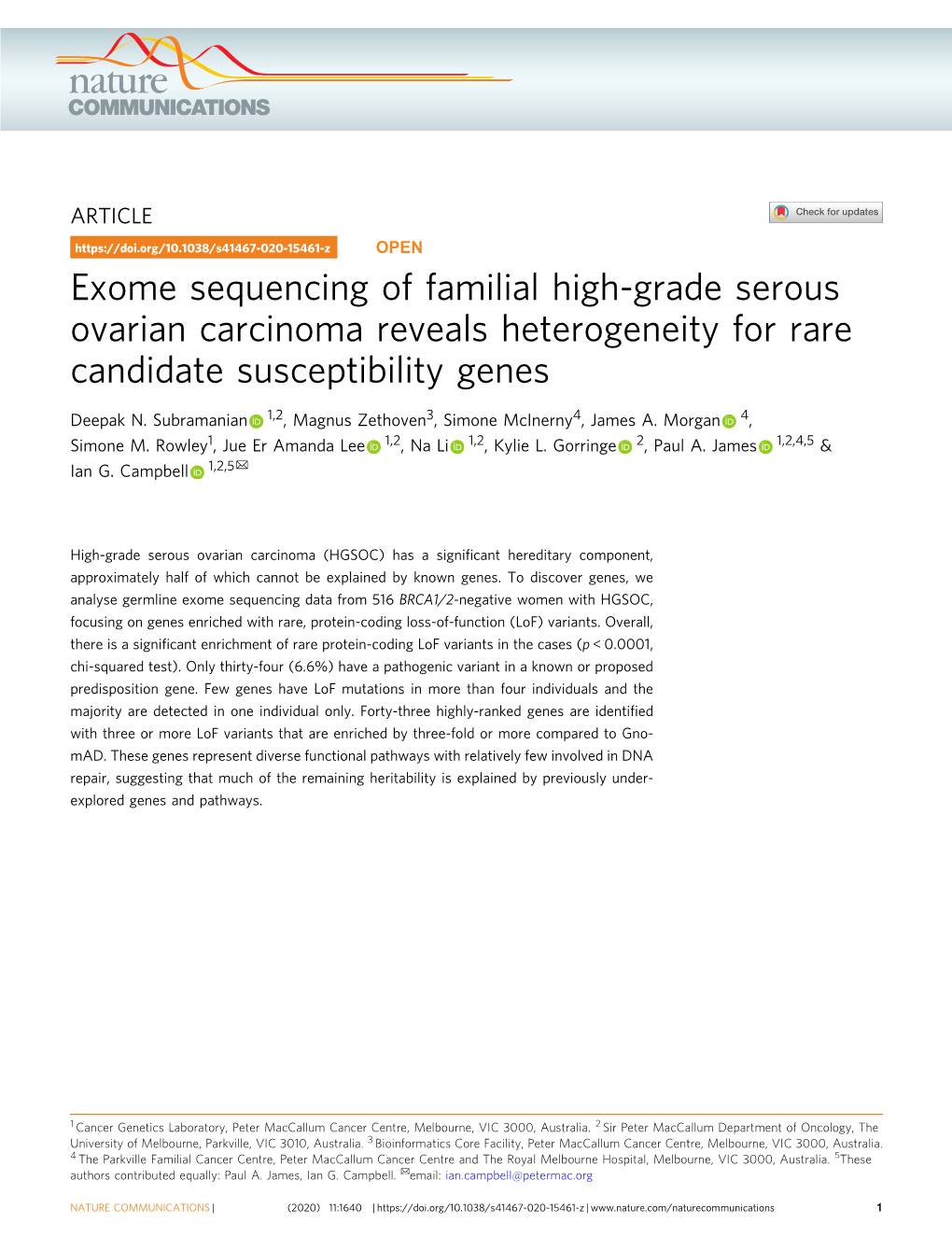 Exome Sequencing of Familial High-Grade Serous Ovarian Carcinoma Reveals Heterogeneity for Rare Candidate Susceptibility Genes