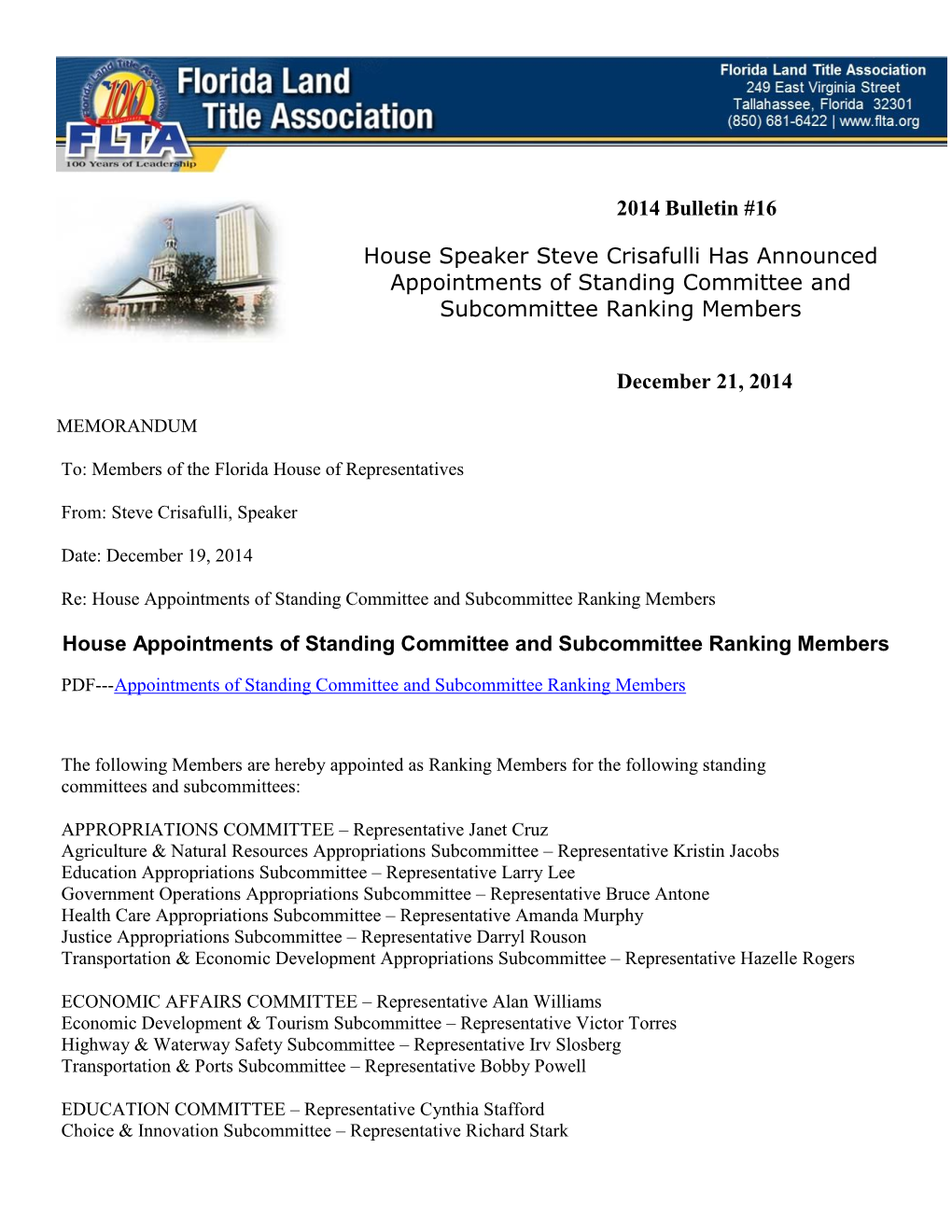 2014 Bulletin #16 House Speaker Steve Crisafulli Has Announced