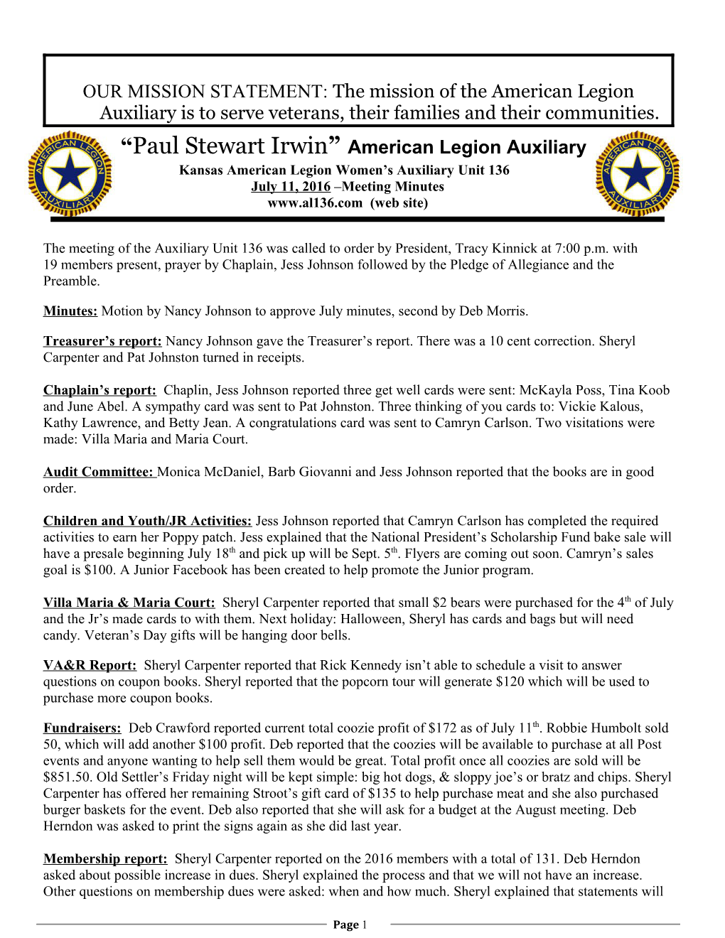 OUR MISSION STATEMENT: the Mission of the American Legion Auxiliary Is to Serve Veterans s1