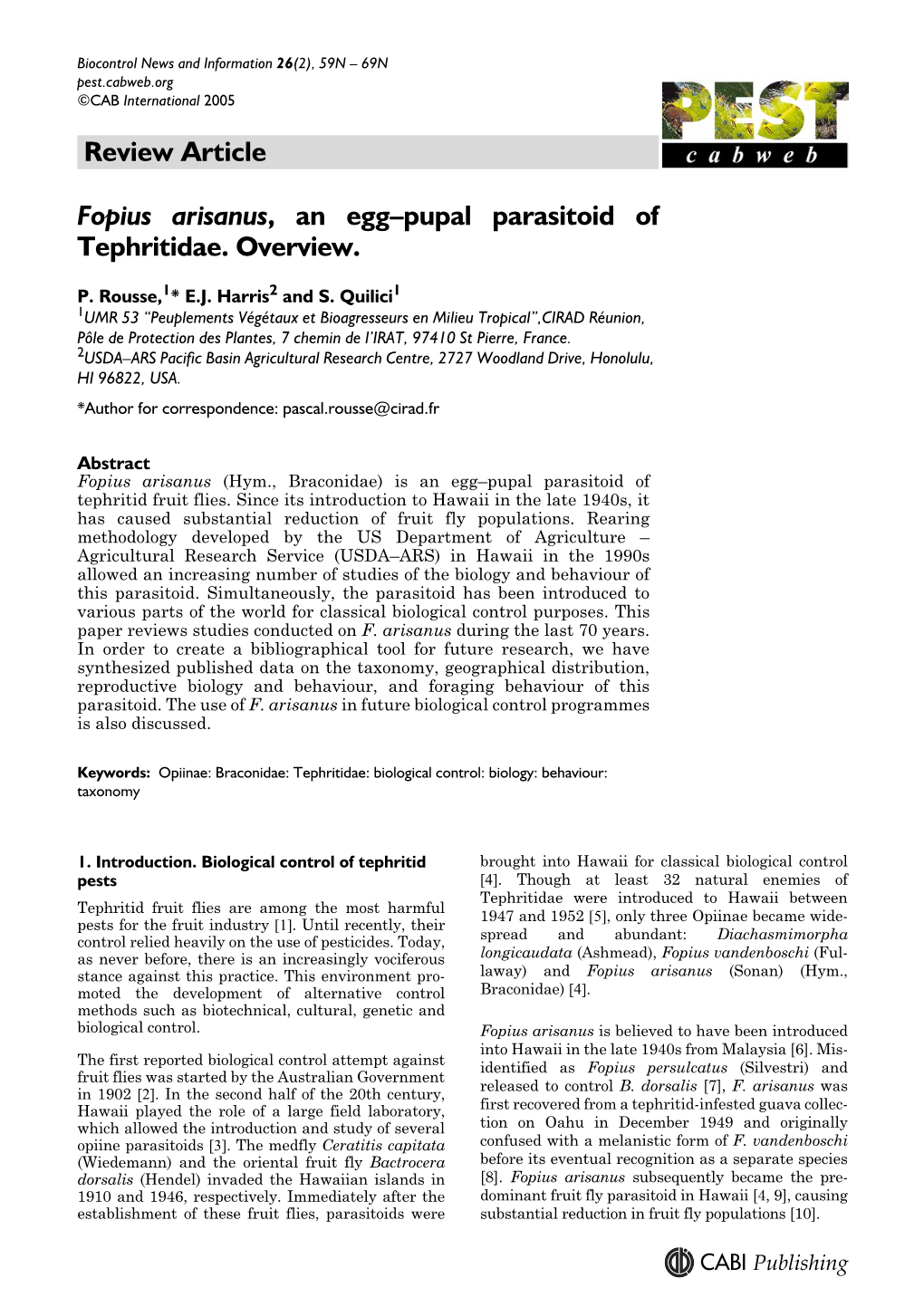 Review Article Fopius Arisanus, an Egg–Pupal Parasitoid of Tephritidae. Overview