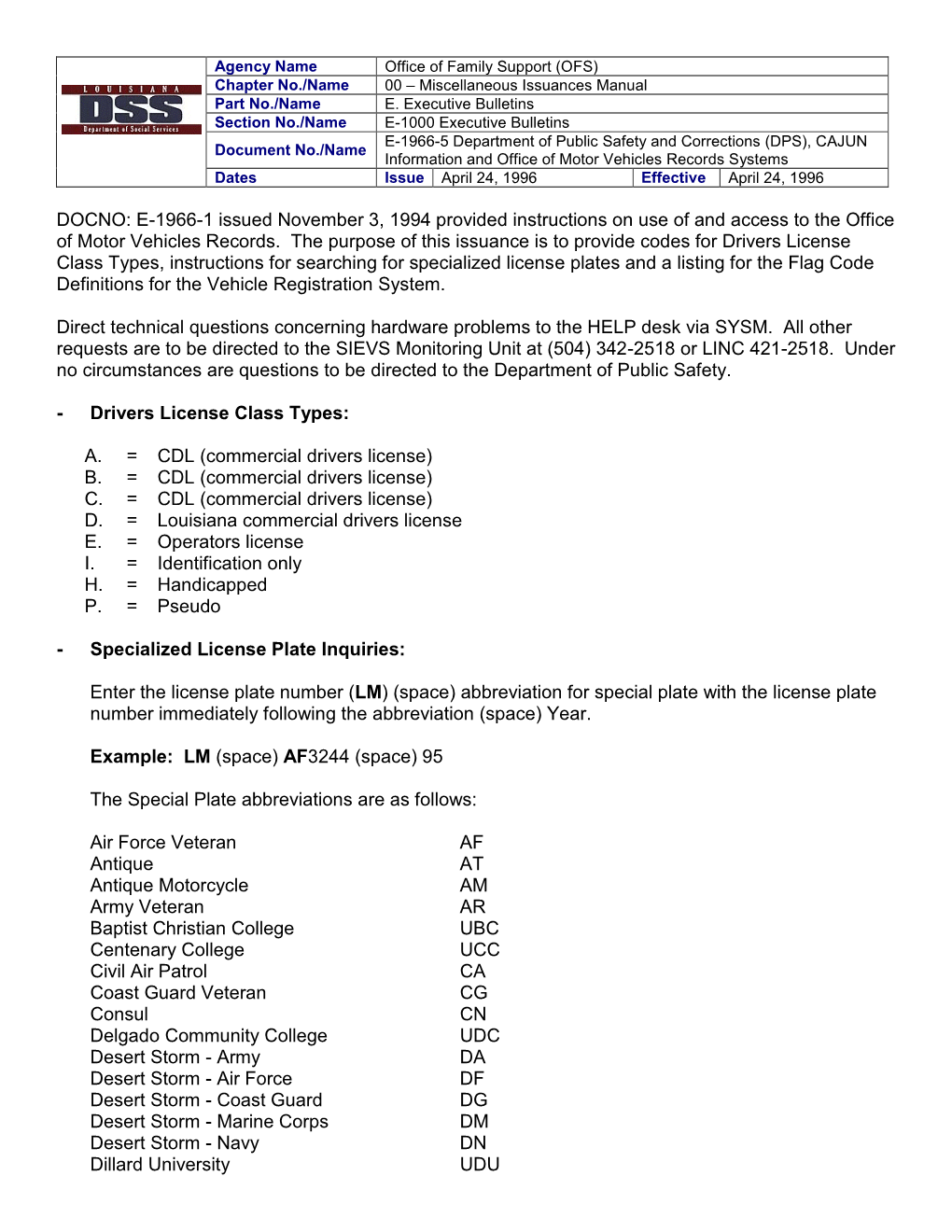 E-1966-1 Issued November 3, 1994 Provided Instructions on Use of and Access to the Office of Motor Vehicles Records