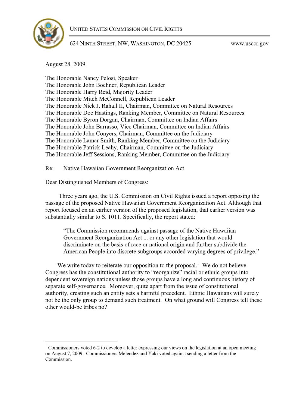 Letter on Native Hawaiian Government Reorganization Act