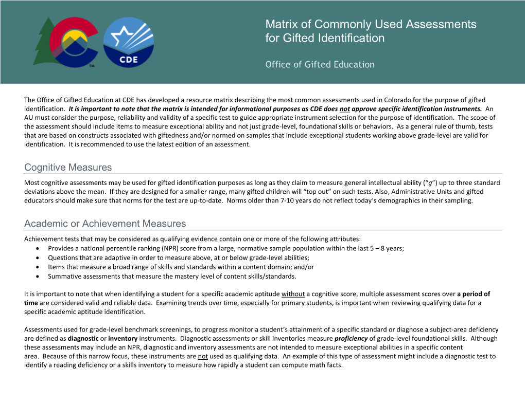 Matrix of Commonly Used Assessments for Gifted Identification