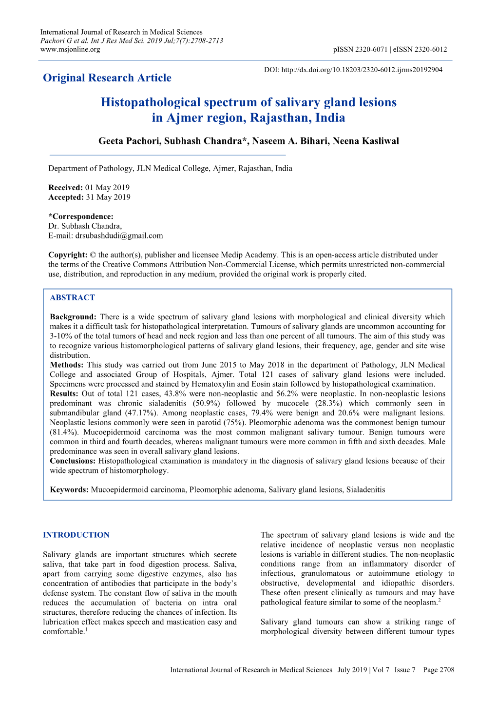 Histopathological Spectrum of Salivary Gland Lesions in Ajmer Region, Rajasthan, India