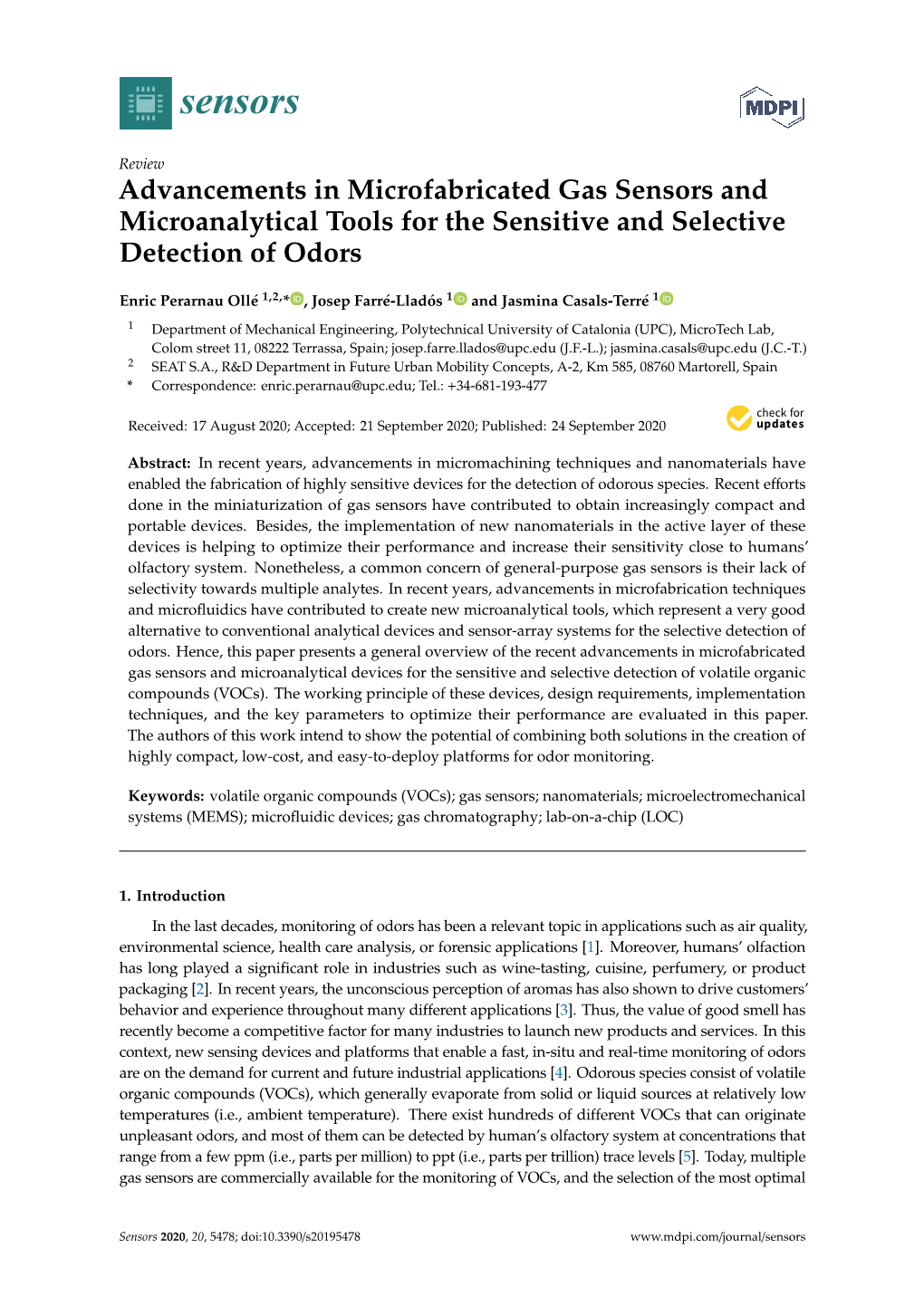 Advancements in Microfabricated Gas Sensors and Microanalytical Tools for the Sensitive and Selective Detection of Odors