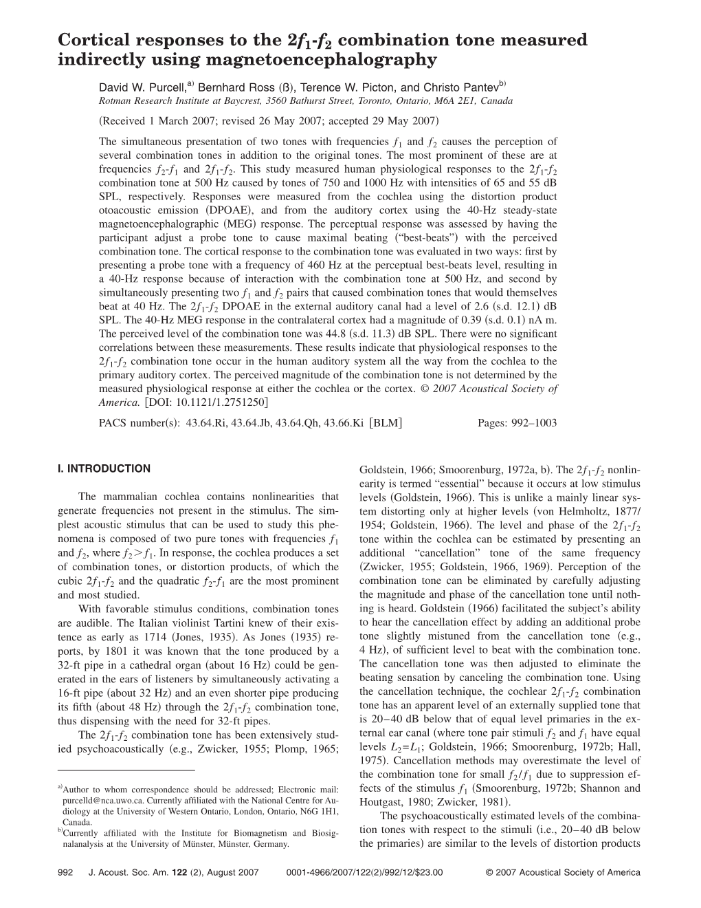 Cortical Responses to the 2F1-F2 Combination Tone Measured Indirectly Using Magnetoencephalography