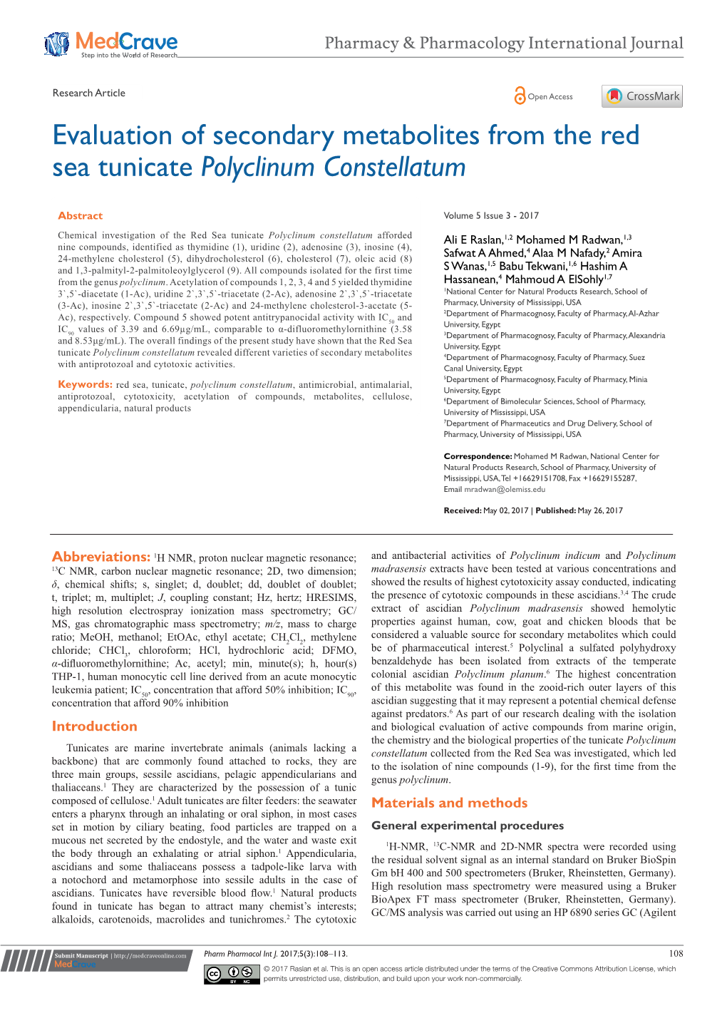 Evaluation of Secondary Metabolites from the Red Sea Tunicate Polyclinum Constellatum