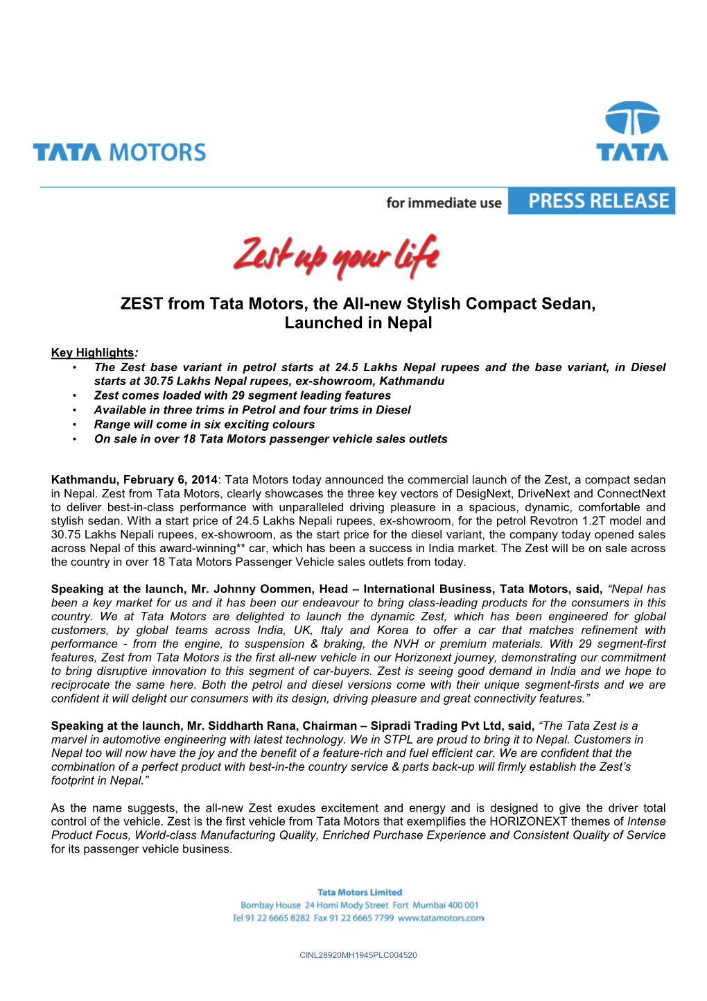 ZEST from Tata Motors, the All-New Stylish Compact Sedan, Launched in Nepal