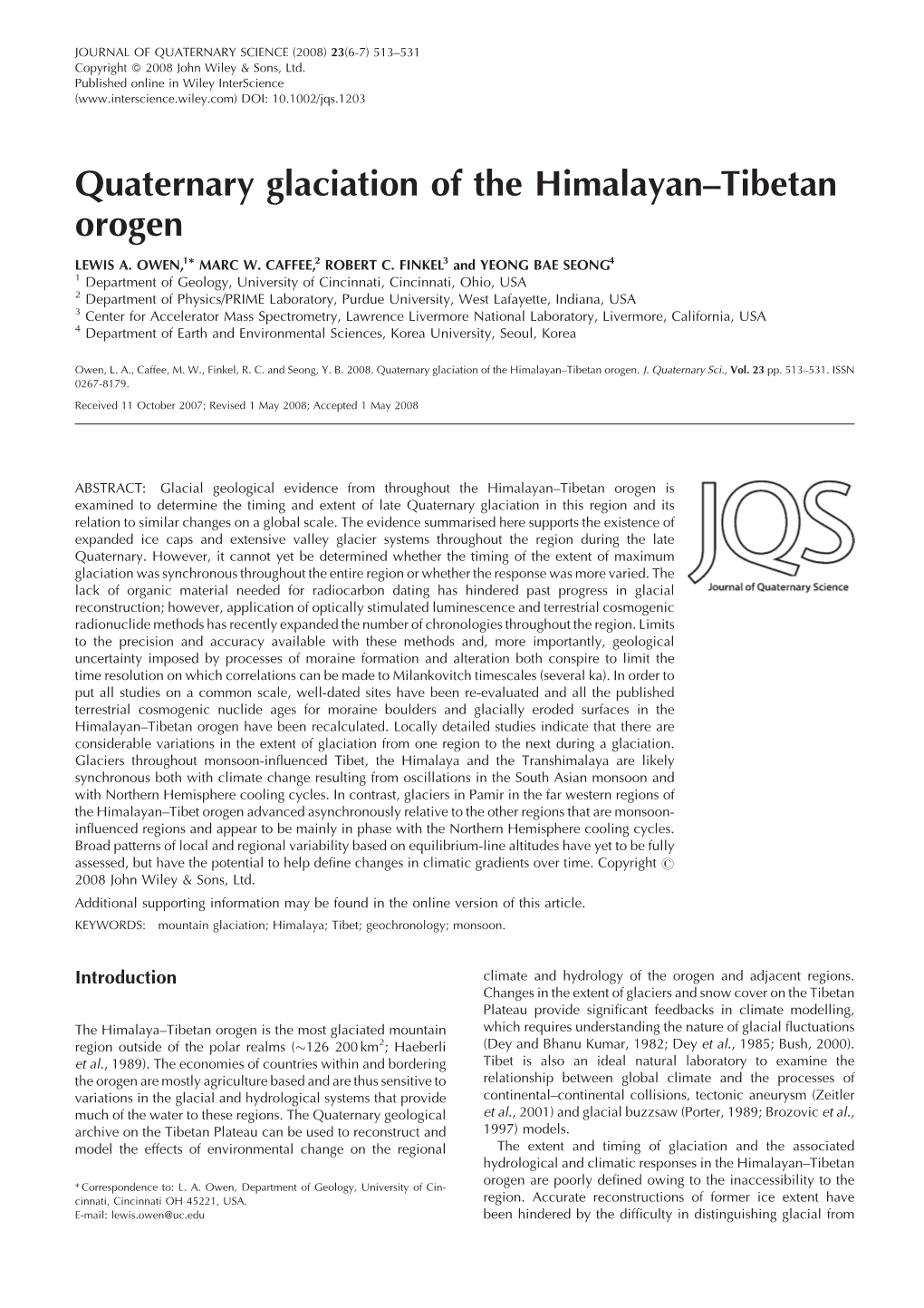 Quaternary Glaciation of the Himalayan–Tibetan Orogen