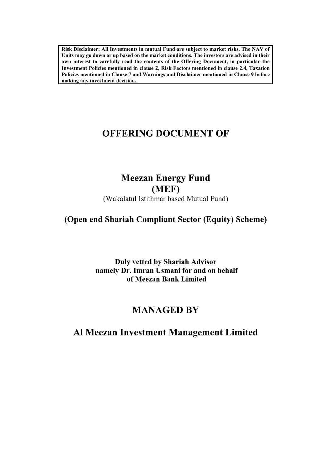 OFFERING DOCUMENT of Meezan Energy Fund