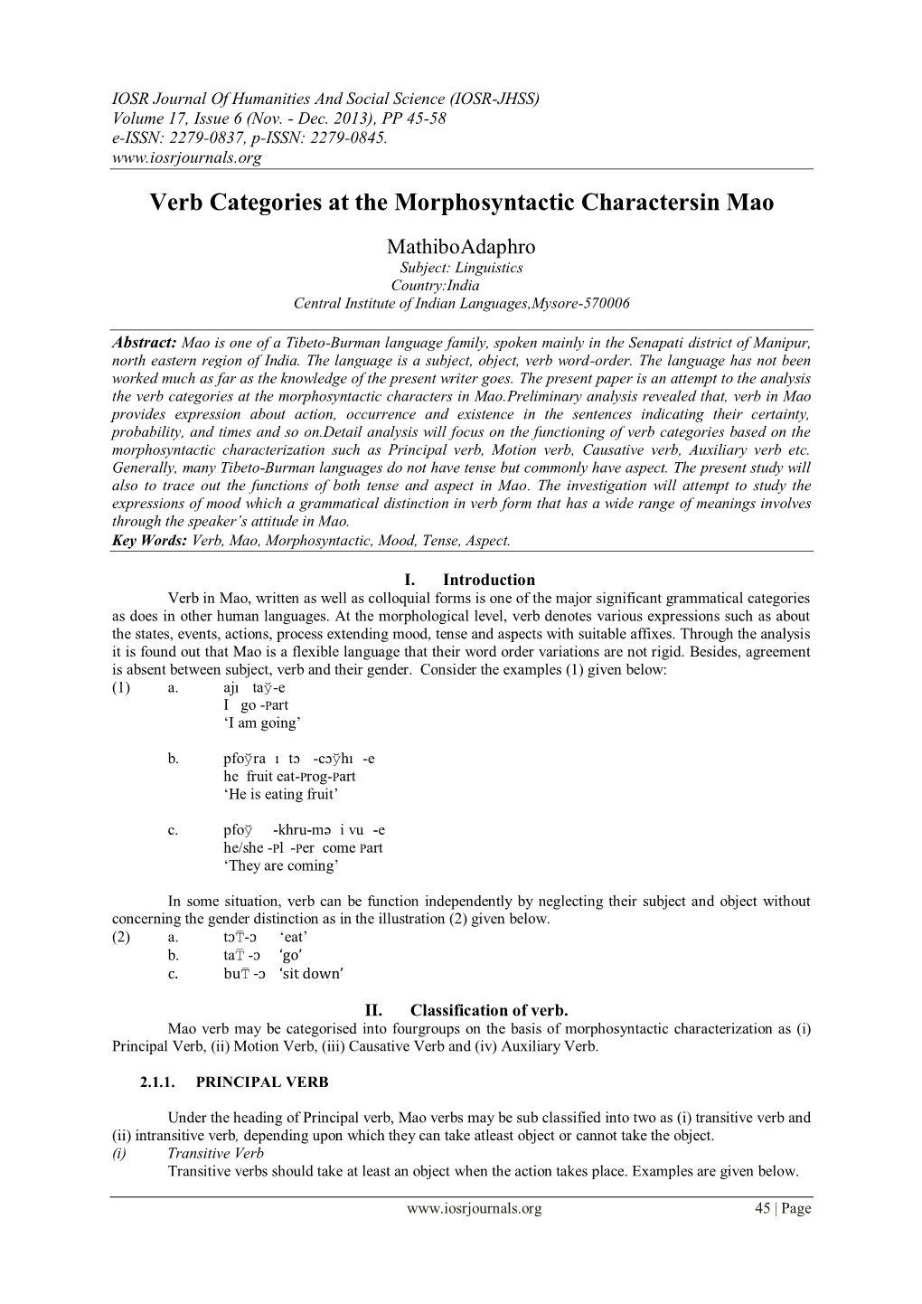 Verb Categories at the Morphosyntactic Charactersin Mao