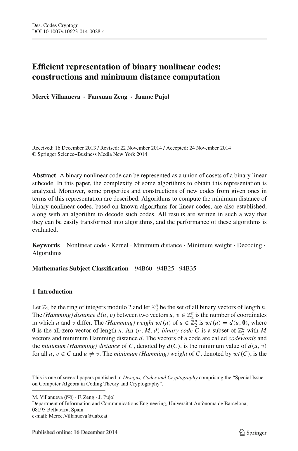 Efficient Representation of Binary Nonlinear Codes