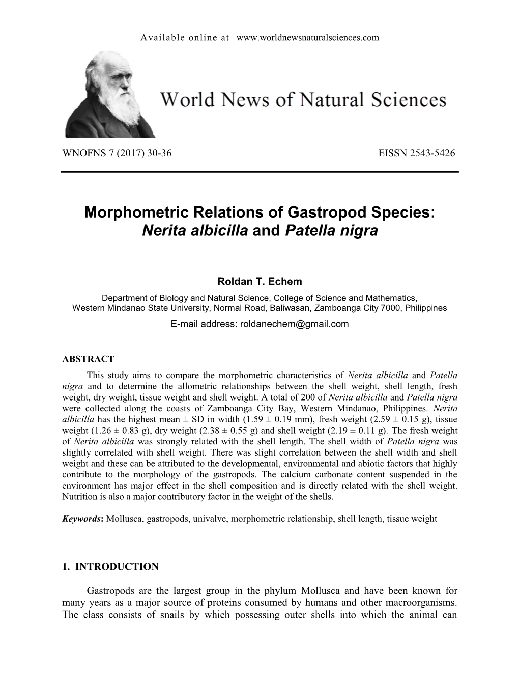 Morphometric Relations of Gastropod Species: Nerita Albicilla and Patella Nigra