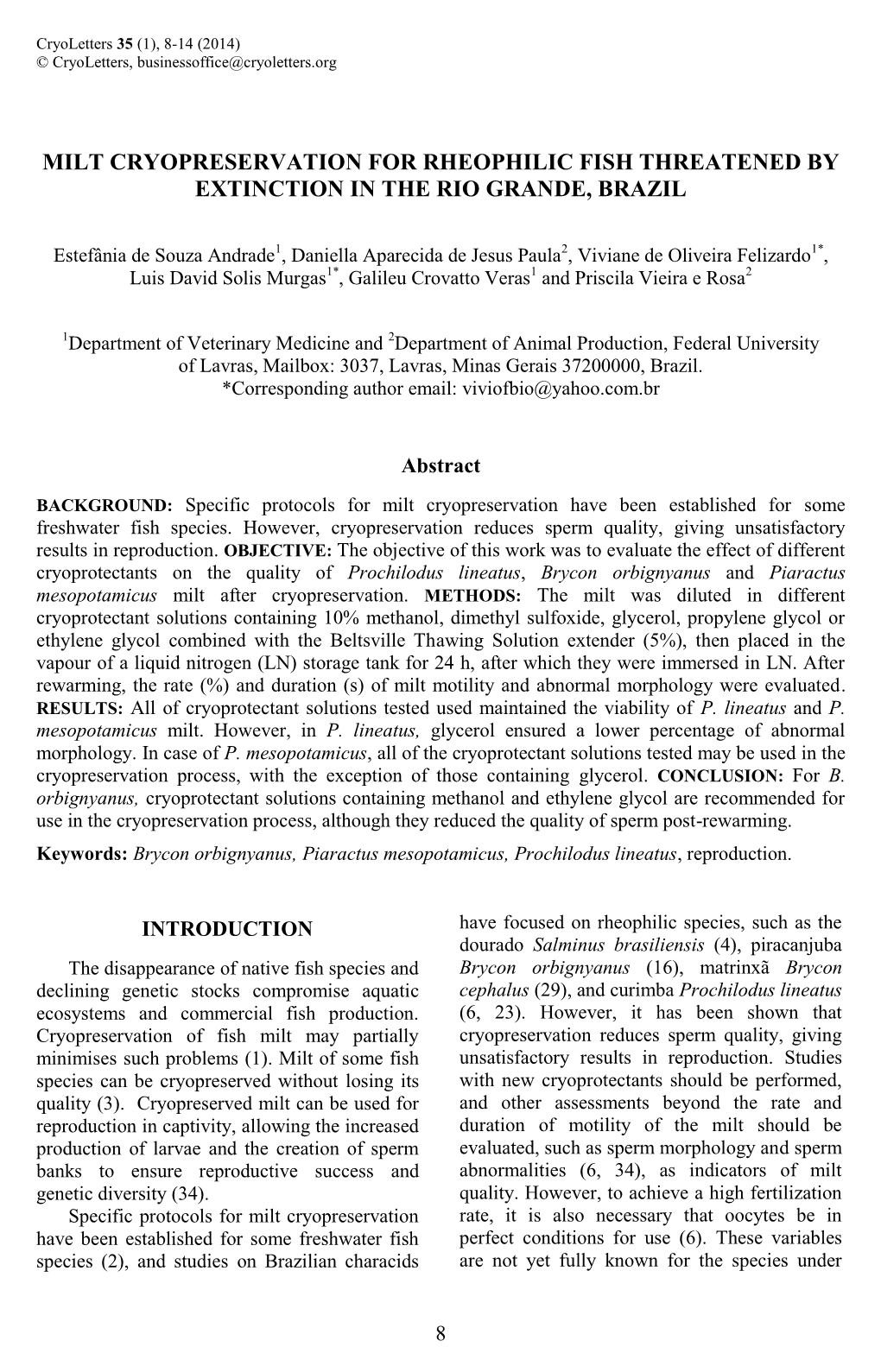 Milt Cryopreservation for Rheophilic Fish Threatened by Extinction in the Rio Grande, Brazil