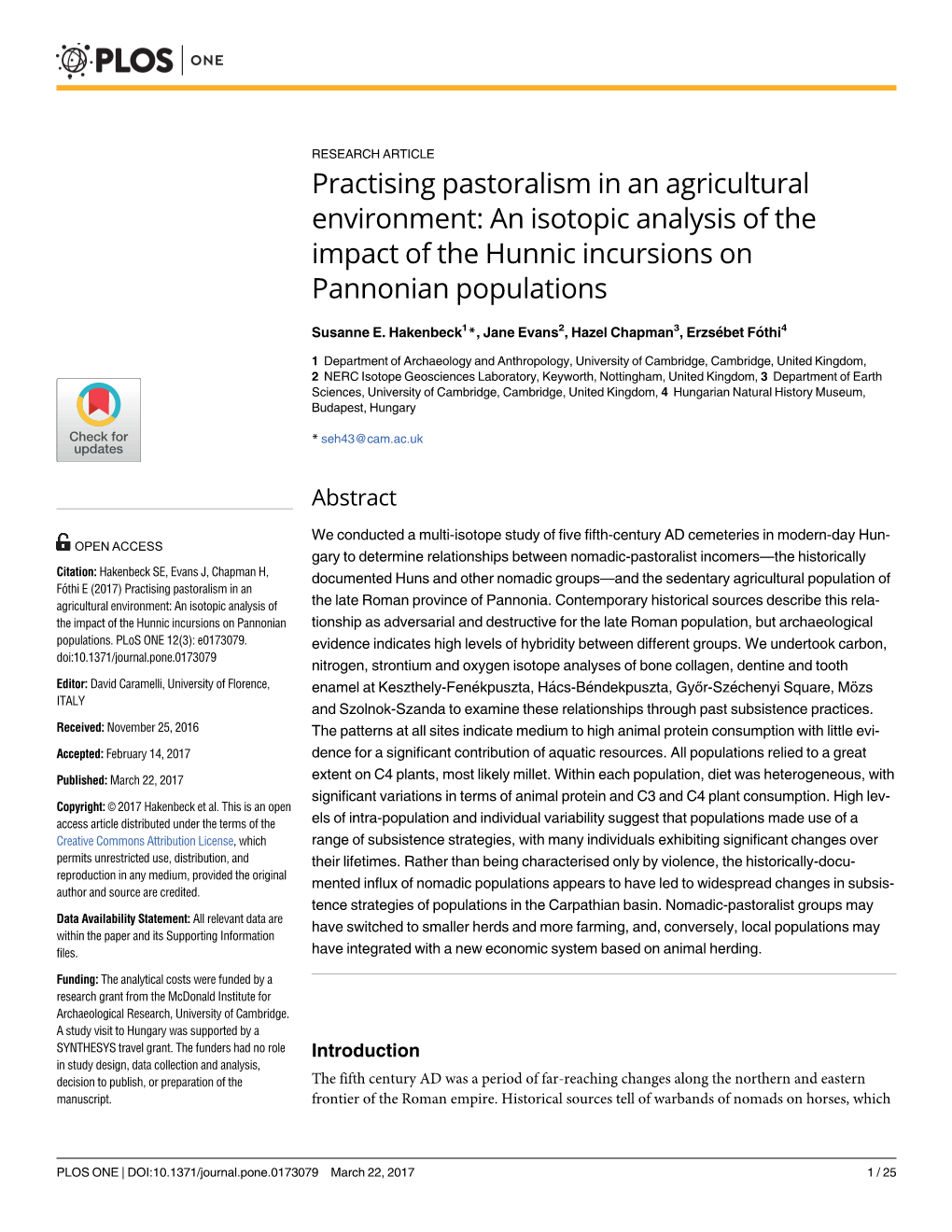 Practising Pastoralism in an Agricultural Environment: an Isotopic Analysis of the Impact of the Hunnic Incursions on Pannonian Populations