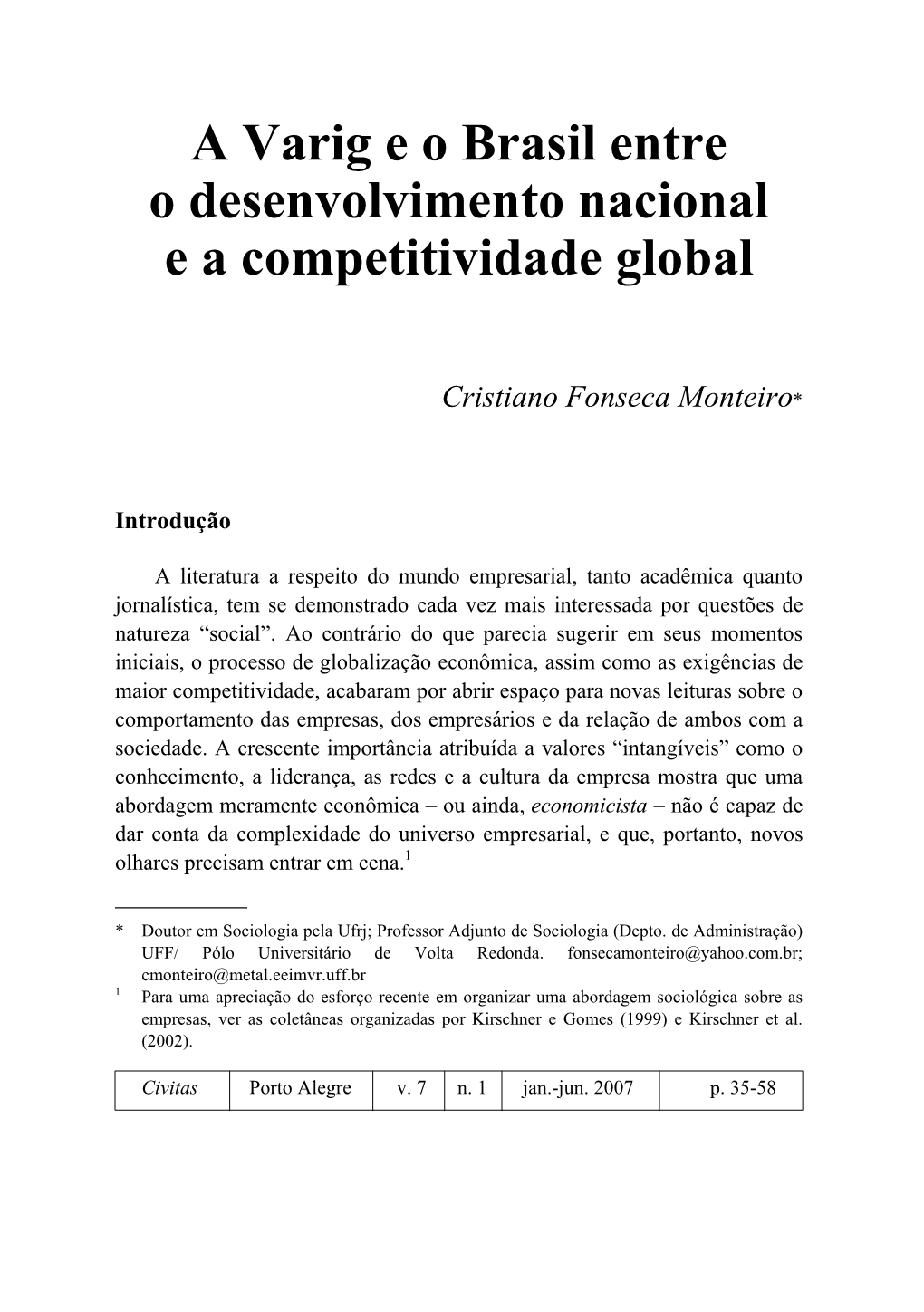 A Varig E O Brasil Entre O Desenvolvimento Nacional E a Competitividade Global