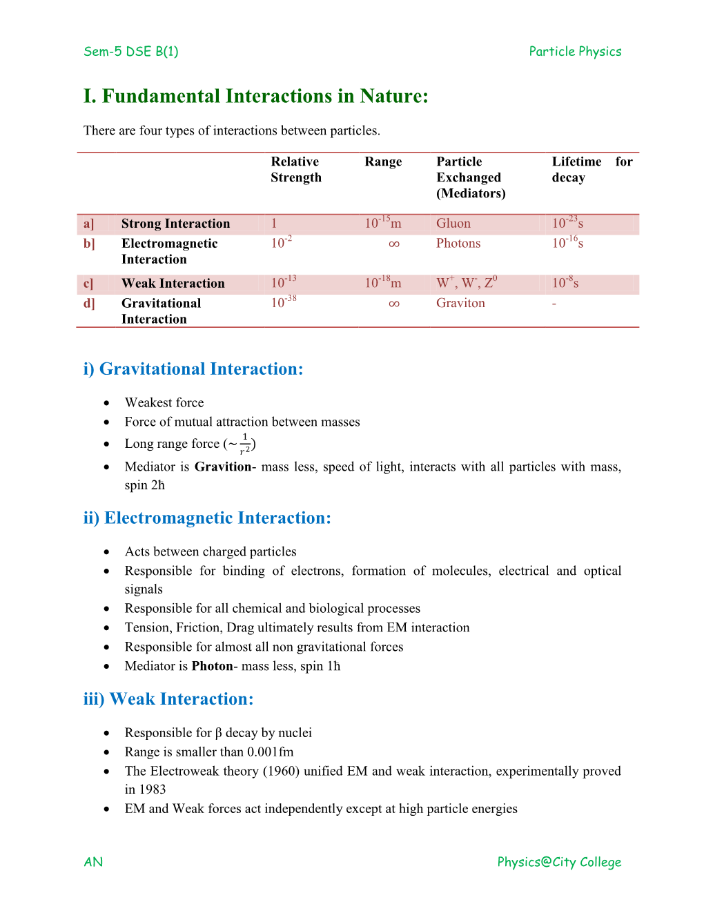 I. Fundamental Interactions in Nature