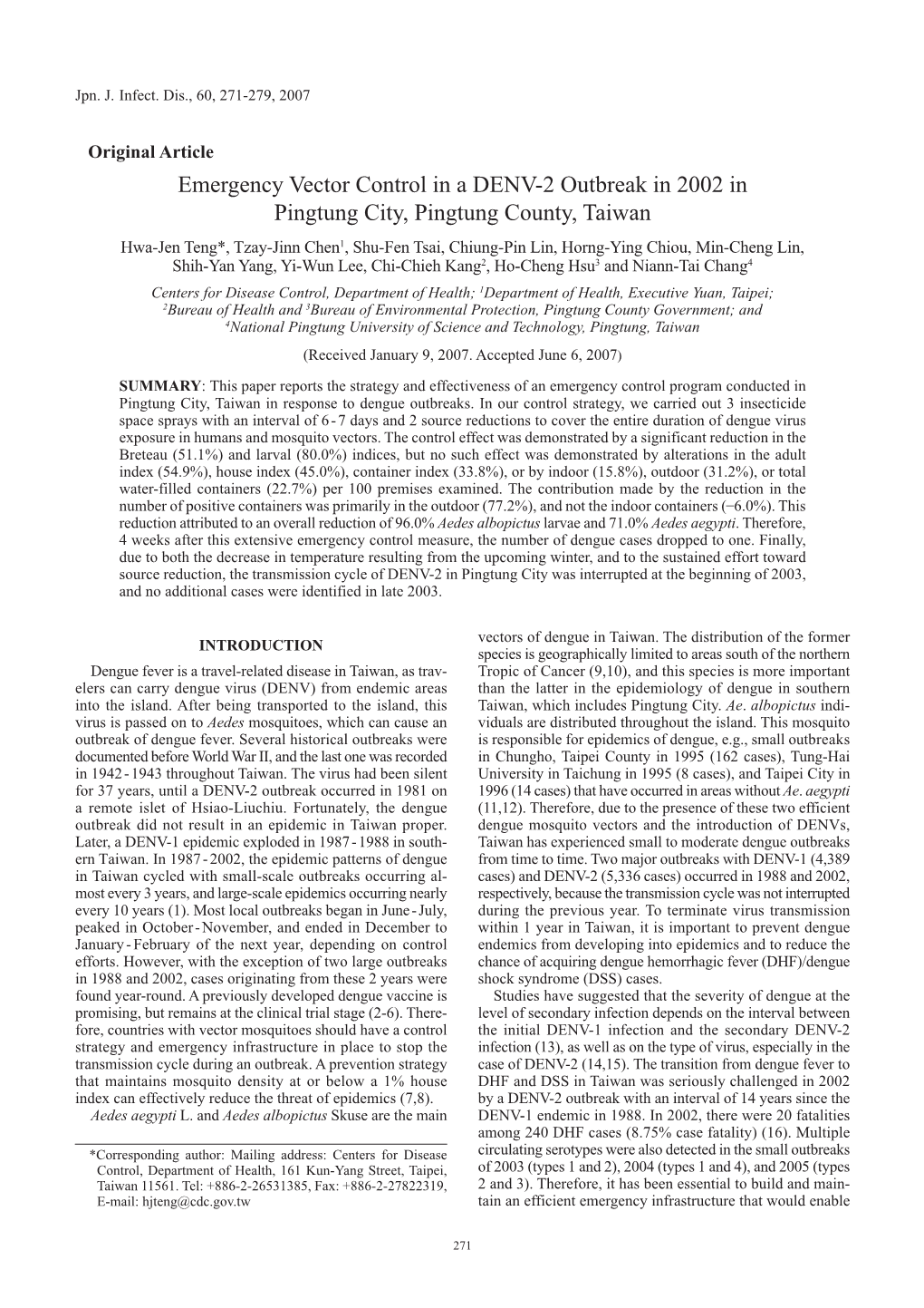 Emergency Vector Control in a DENV-2 Outbreak in 2002 In