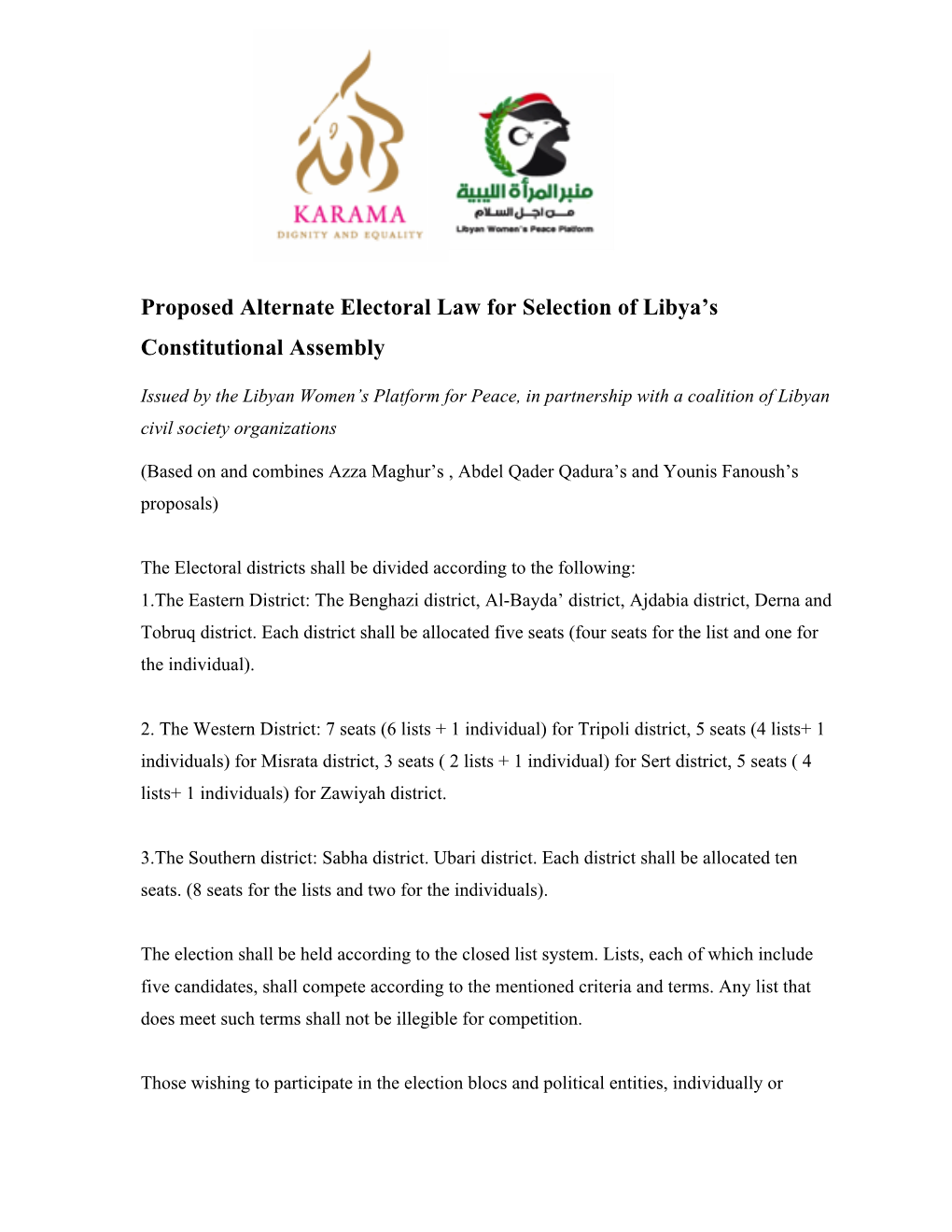 Proposed Alternate Electoral Law for Selection of Libya's Constitutional