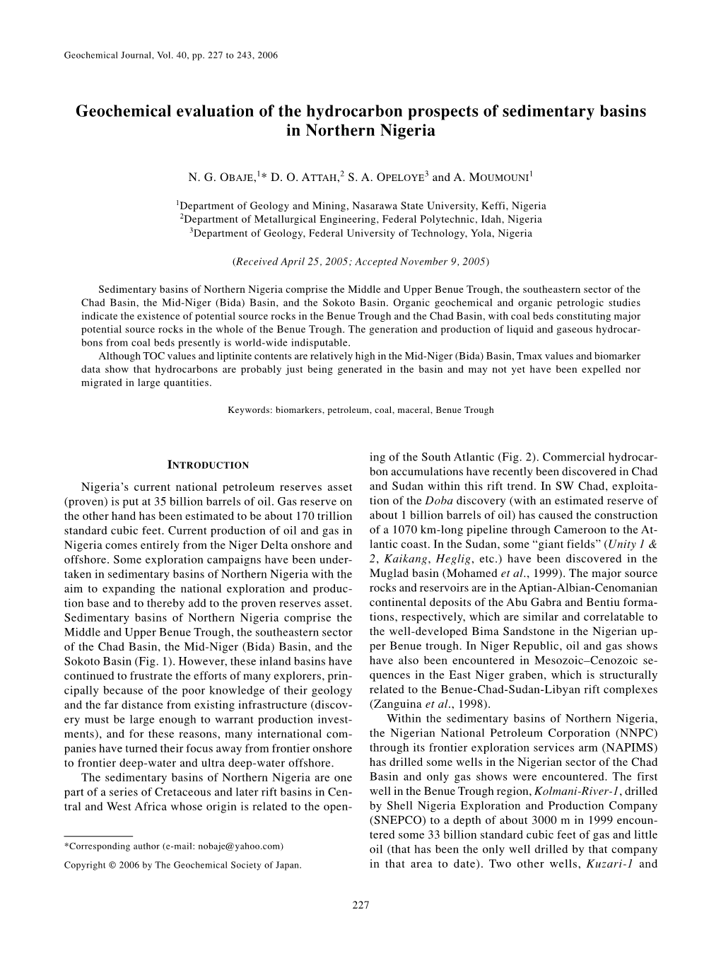 Geochemical Evaluation of the Hydrocarbon Prospects of Sedimentary Basins in Northern Nigeria