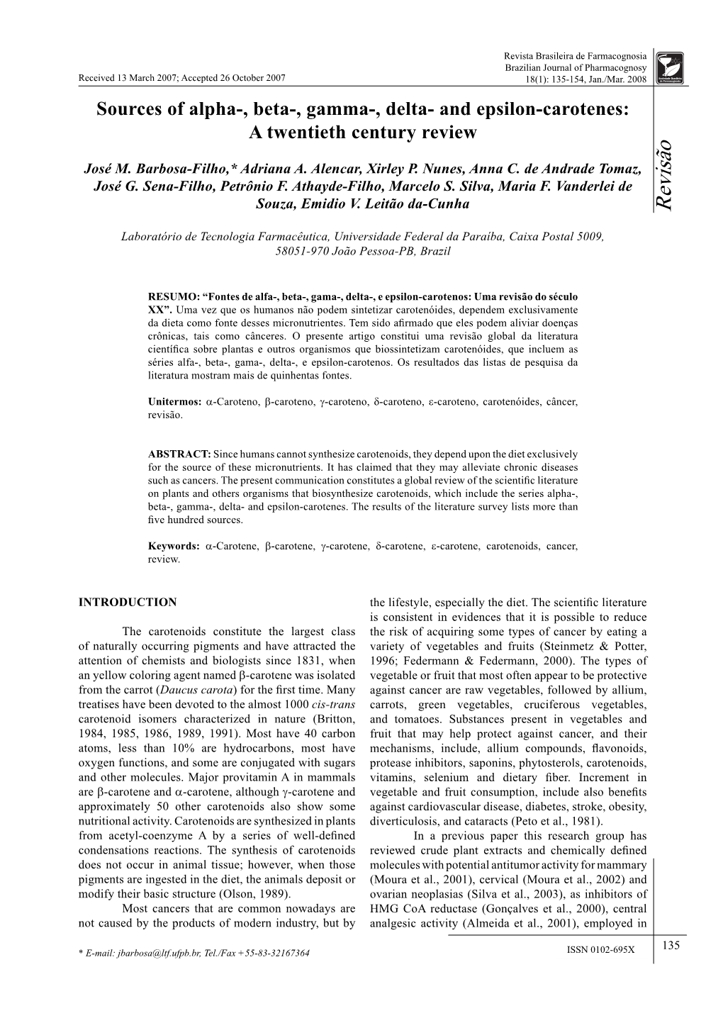 Sources of Alpha-, Beta-, Gamma-, Delta- and Epsilon-Carotenes: a Twentieth Century Review