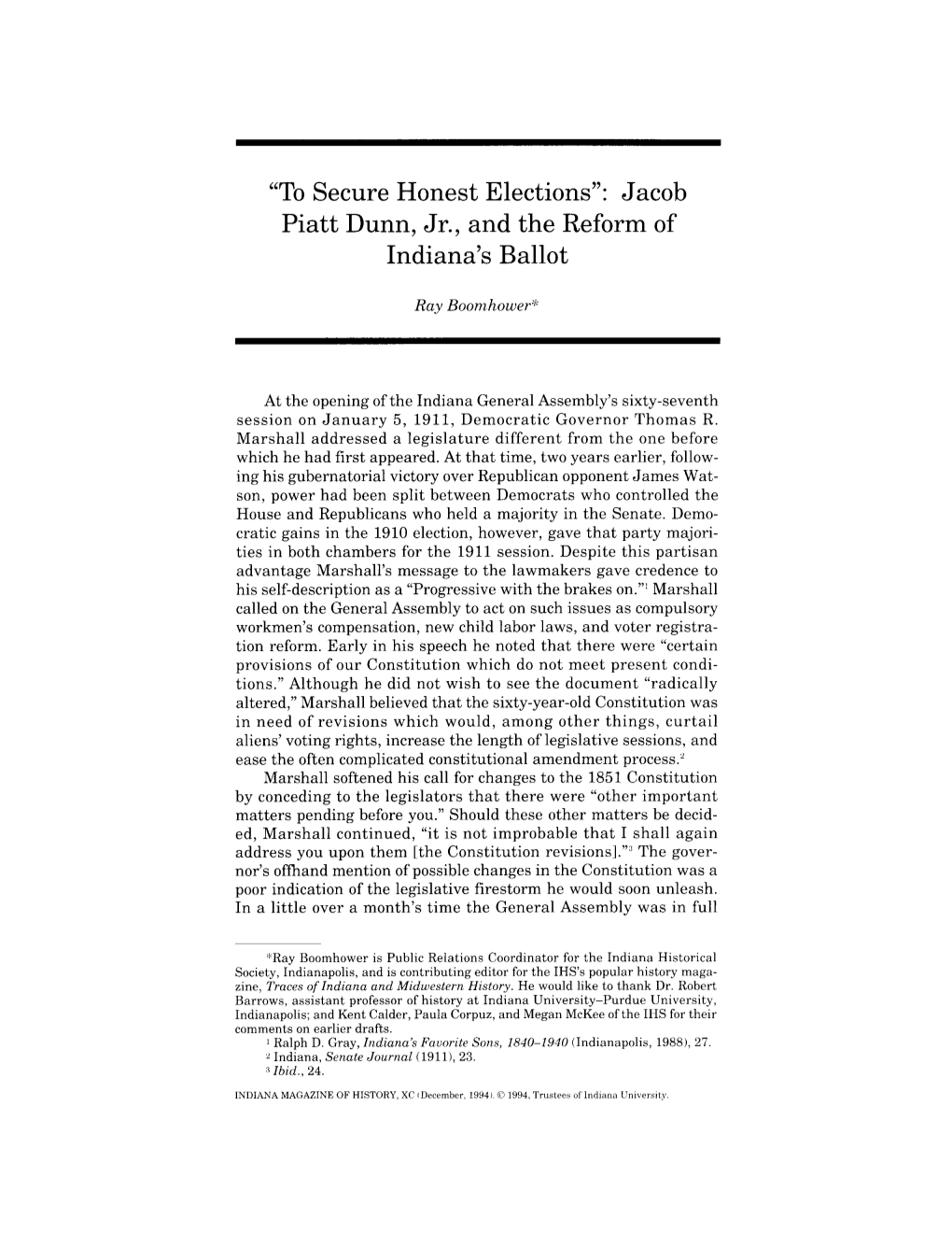 “To Secure Honest Elections”: Jacob Piatt Dunn, Jr., and the Reform of Indiana’S Ballot