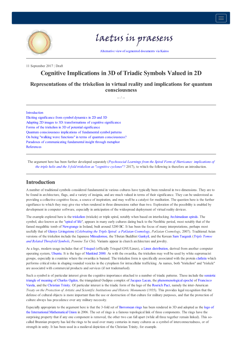 Cognitive Implications in 3D of Triadic Symbols Valued in 2D Representations of the Triskelion in Virtual Reality and Implications for Quantum Consciousness -- /