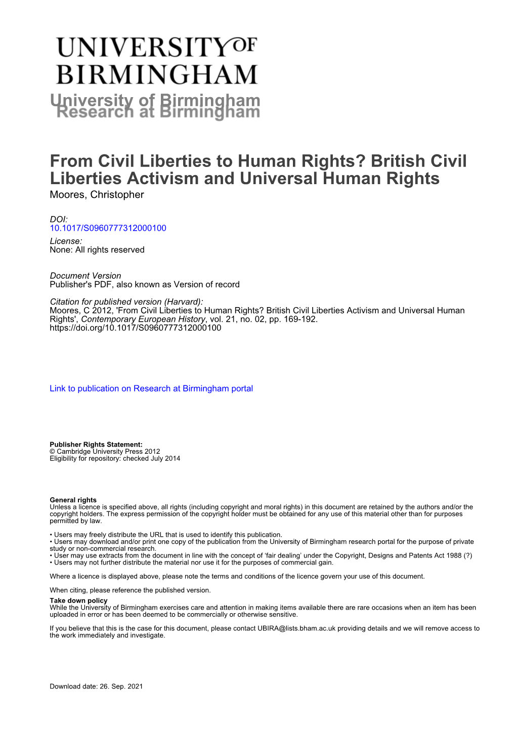 British Civil Liberties Activism and Universal Human Rights Moores, Christopher