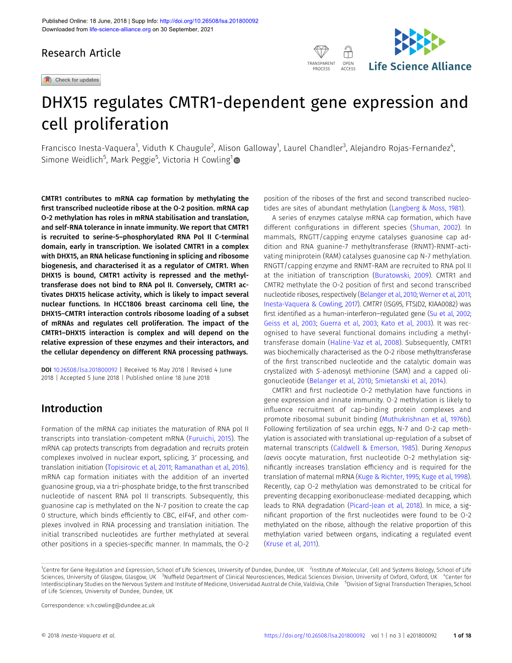 DHX15 Regulates CMTR1-Dependent Gene Expression and Cell Proliferation