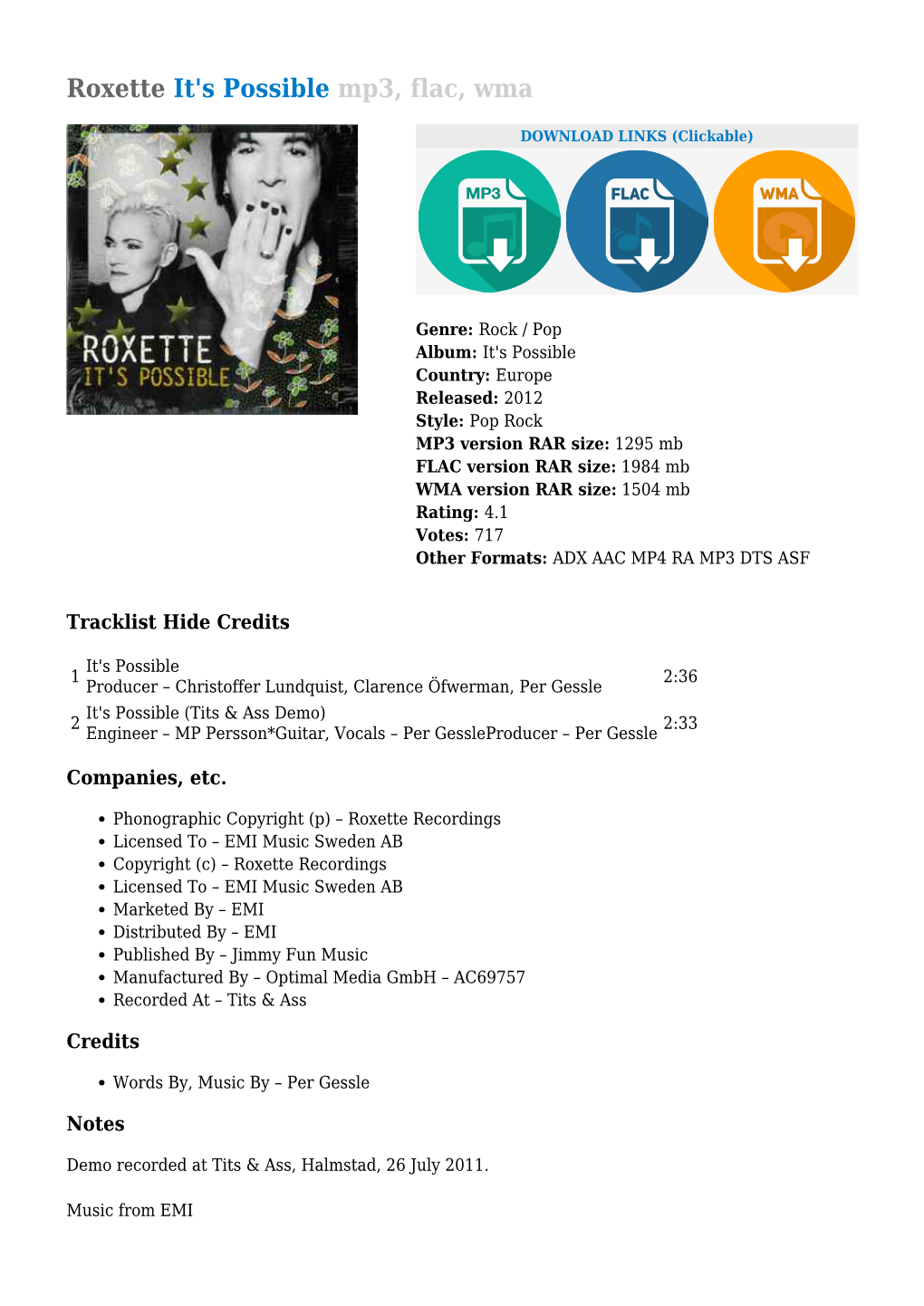 Roxette It's Possible Mp3, Flac, Wma