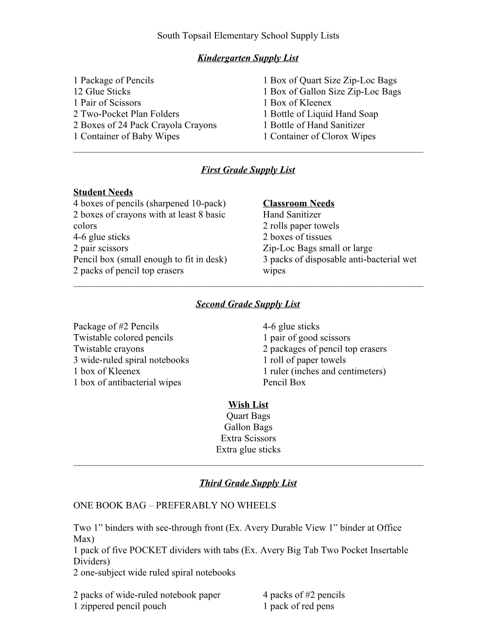 South Topsail Elementary School Supply Lists